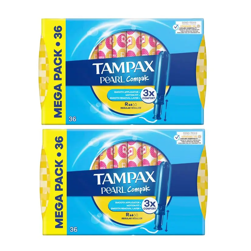 Tampax Compak Pearl Regular Tampones Con Aplicador, Combinación Líder De Tampax De Comodidad, Protección Y Discreción, 2x36 Unidades