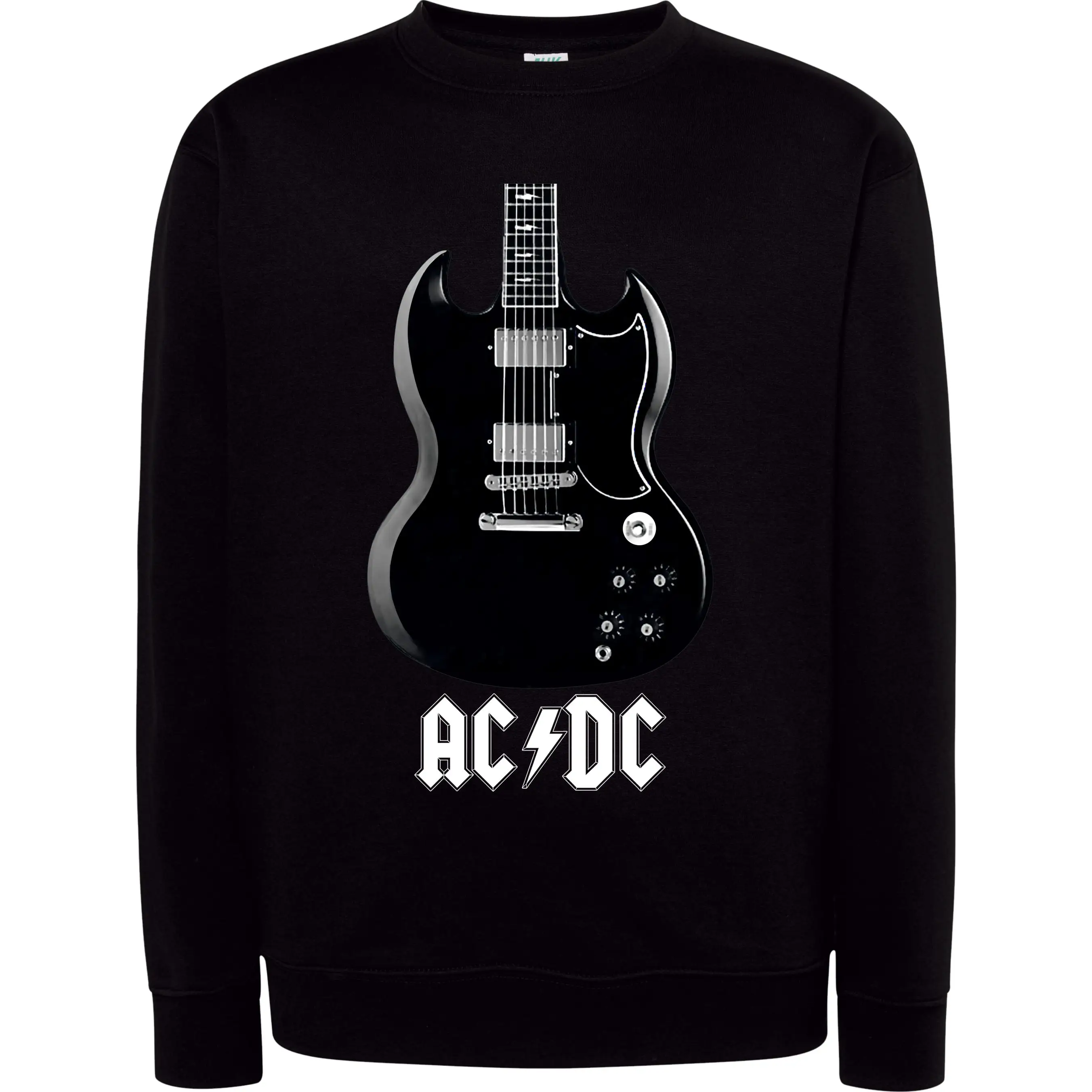 Round Neck Sweatshirt, ACDC Guitar Back in Black, Cotton and Polyester, 290 grms/m2-European Size for Children and Adults and Large Size