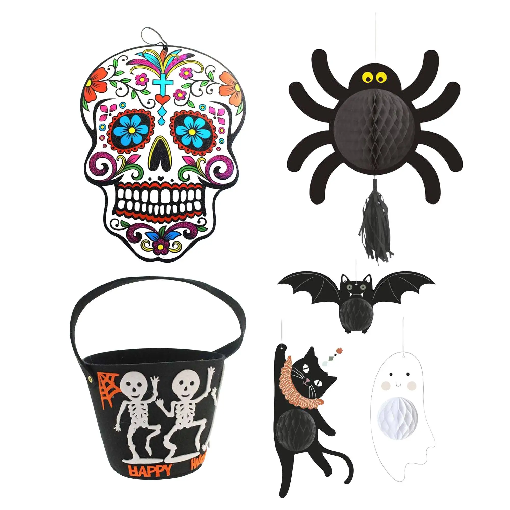 Wellhome Well Home Decoración De Halloween: 4 Figuras Colgantes + Calavera Decoracion Pared + Bolsa De Caramelos