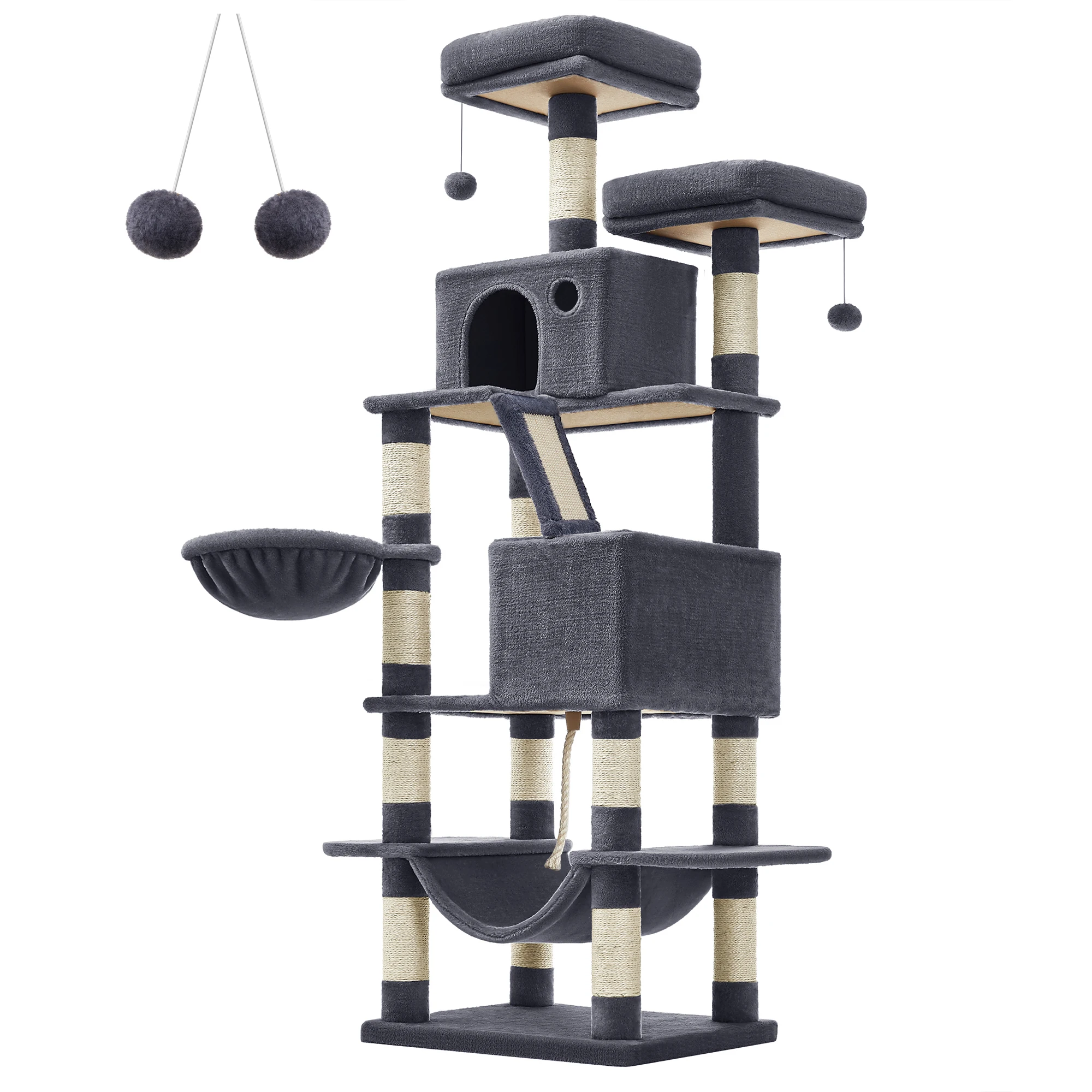 Feandrea Árbol para Gatos, L, Torre de Gatos de 168 cm de Altura con 13 Poste, 2 Plataformas, 2 Cuevas, Cesta, Hamaca, Pompón, Rascador Multinivel para Gatos Grandes, Gris Antracita/Beige/Blanco Crema/Gris Claro/Rosa Jalea