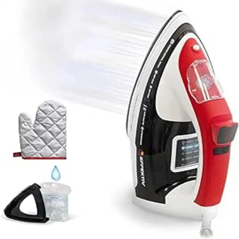 EFFEKTIV - Steam Iron 2500 X, a versatile 3-in-1 iron with ceramic soleplate, 2800W power, 5 modes including vertical steam, 990 mg/sec continuous steam, and automatic shut-off for safety, ideal for all fabric types.