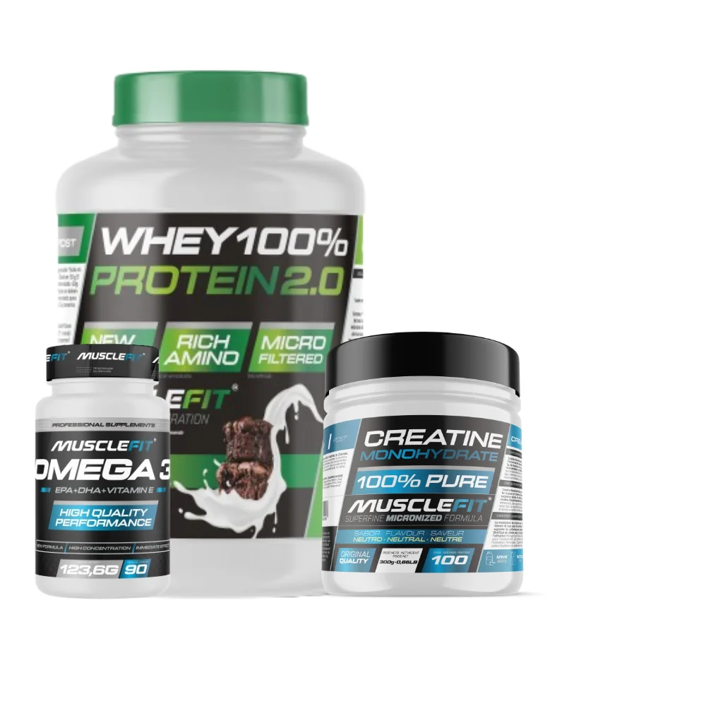 Pack Proteína WHEY 2kg + Creatina 300g + Omega 3 90cáps - Musclefit Avance Muscular│Mas musculos│Vitaminas