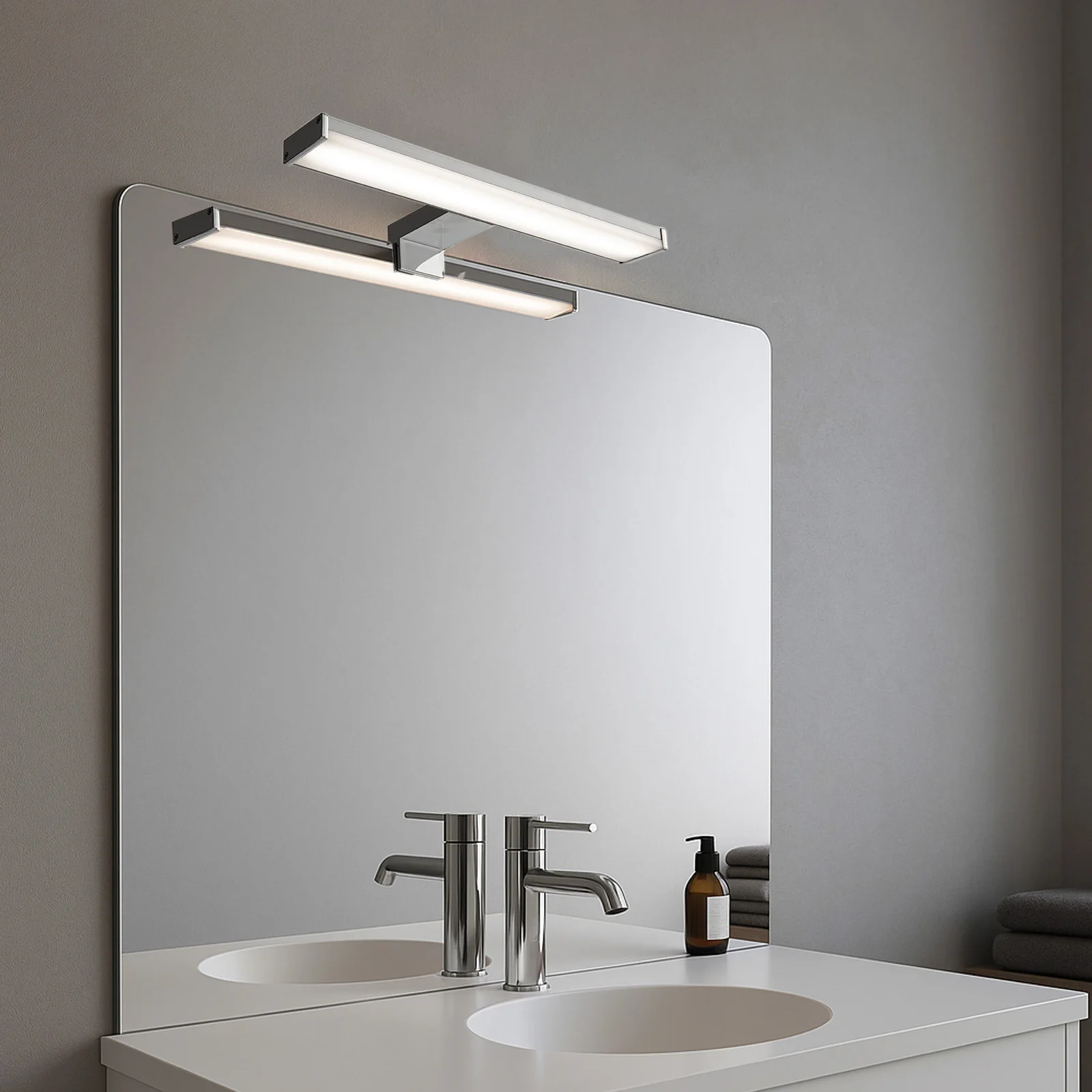 ALPINALUZ LED Wall Lamp 8W 30cm for Bathroom, available in matte black or chrome, features a modern aluminum design, IP44 protection, and neutral white light (4000K) for mirrors and furniture.