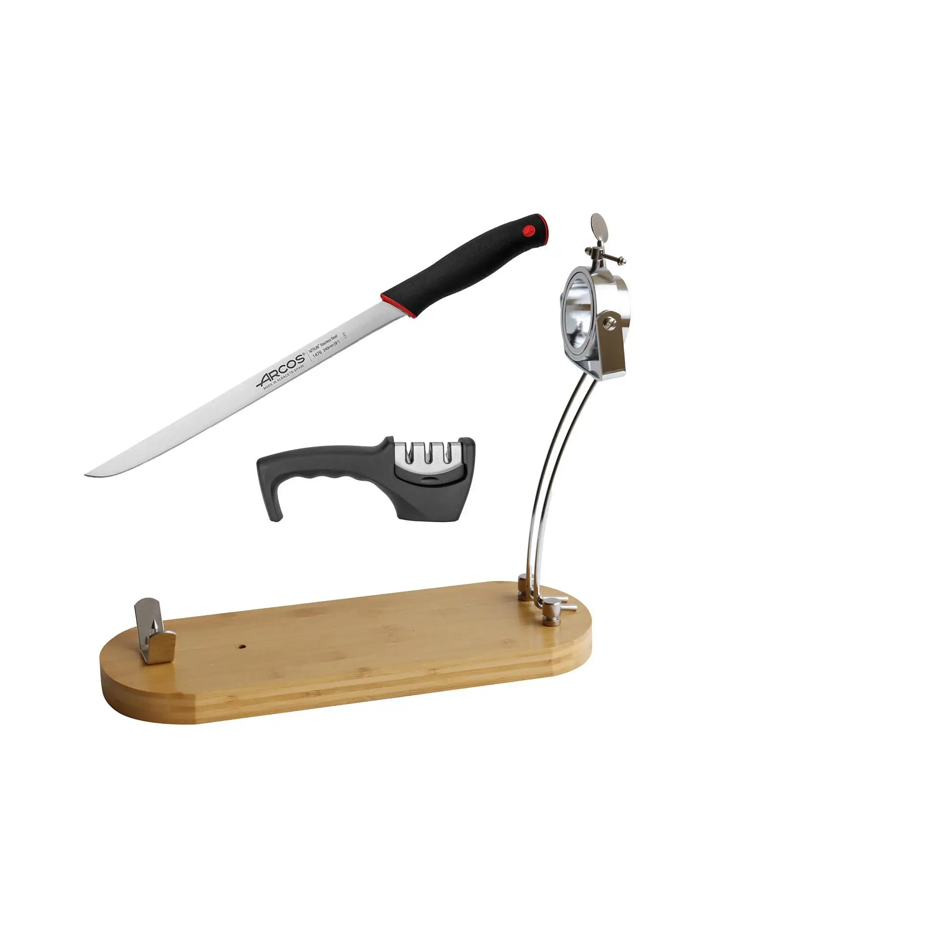 CUPERINOX Jamonero Plegable | Jamonero Giratorio | Jamonero de Bambú con Cuchillo Profesional, Afilador y Funda Cubre Jamón| Jamoneros Elite Collection