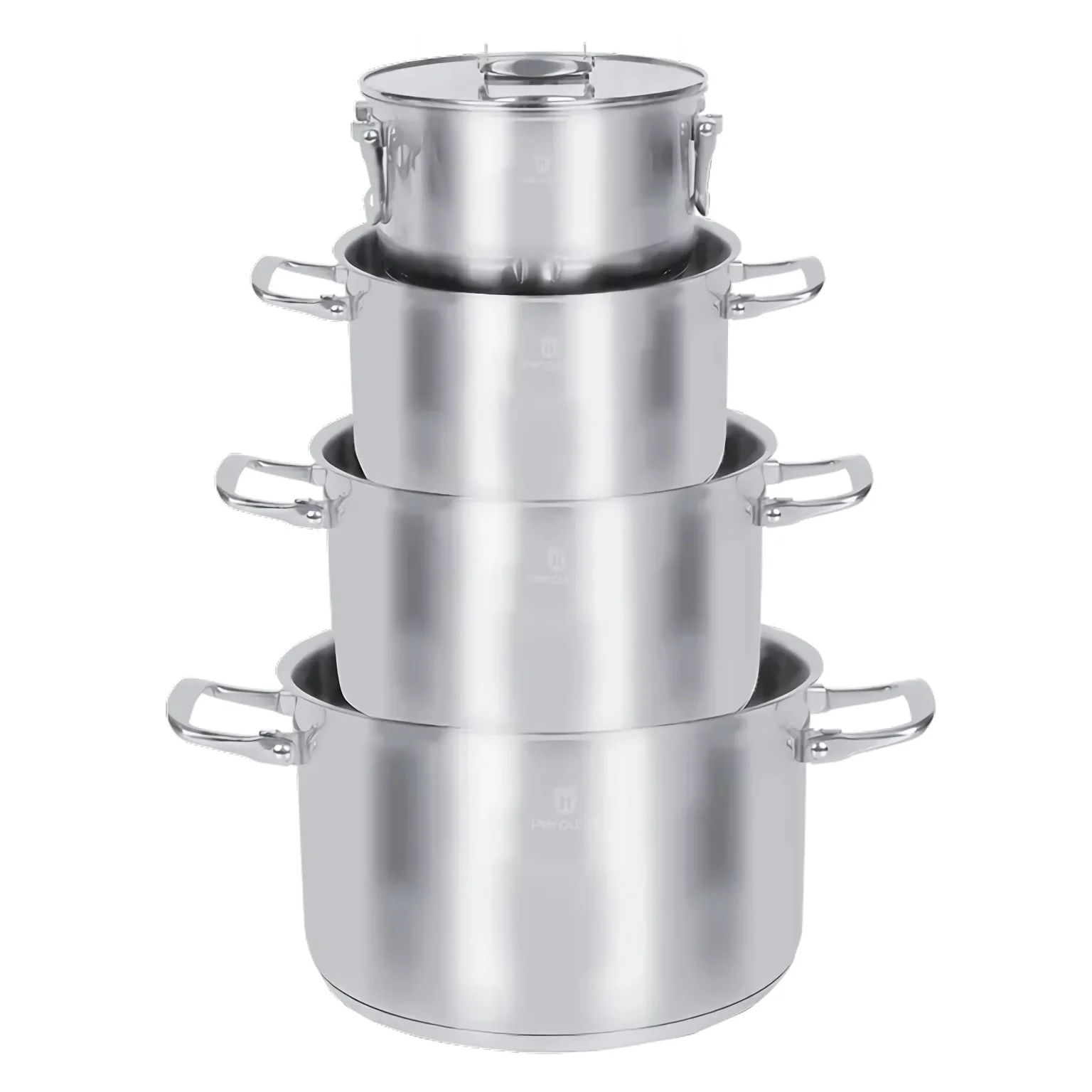 Juego de Cacerolas Inox Spazio Anidables con Tapa | Cacerolas de Acero Inoxidable 16, 20, 24 y 28 cm | Asas Plegables y Tapa Plana | Fondo Difusor de Aluminio para Todo Tipo de Cocinas, Incluida
