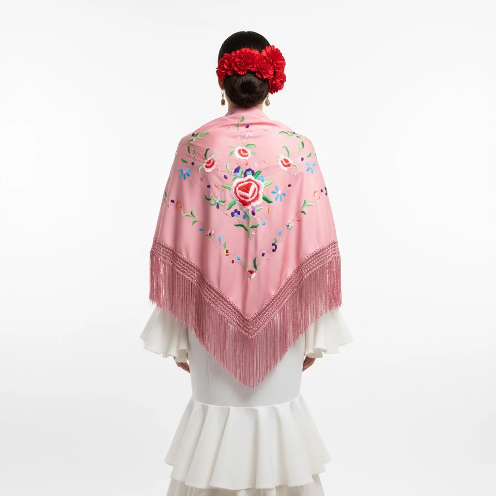 Manton de flamenco rosa palo con los bordados de flores multicolores