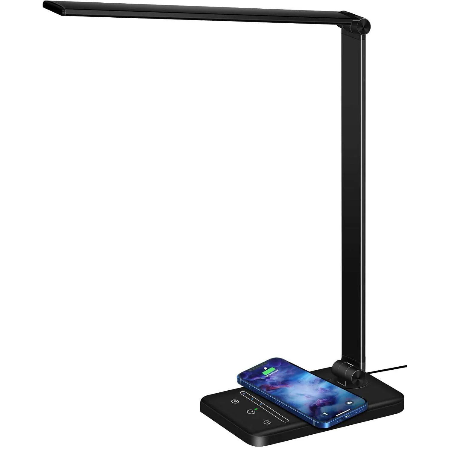 Lámpara de escritorio con cargador inalámbrico, lámpara de escritorio regulable 5 modos de color 6 niveles de brillo, control táctil flexible, con puerto USB