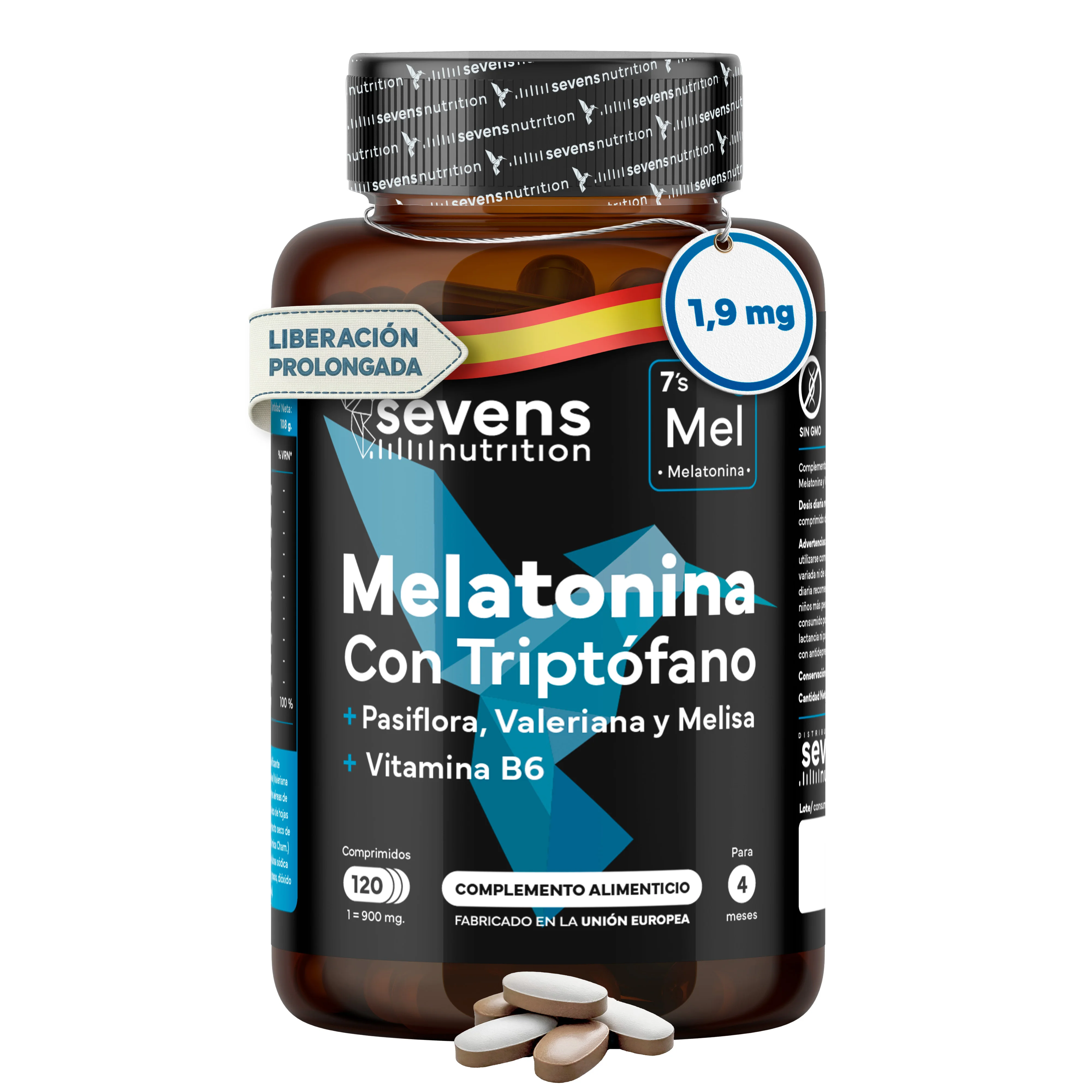 Sevens Nutrition Melatonina Pura 1,9 Mg Con Triptófano, Valeriana, Pasiflora Y Melisa 120 Cápsulas - Imagen 3
