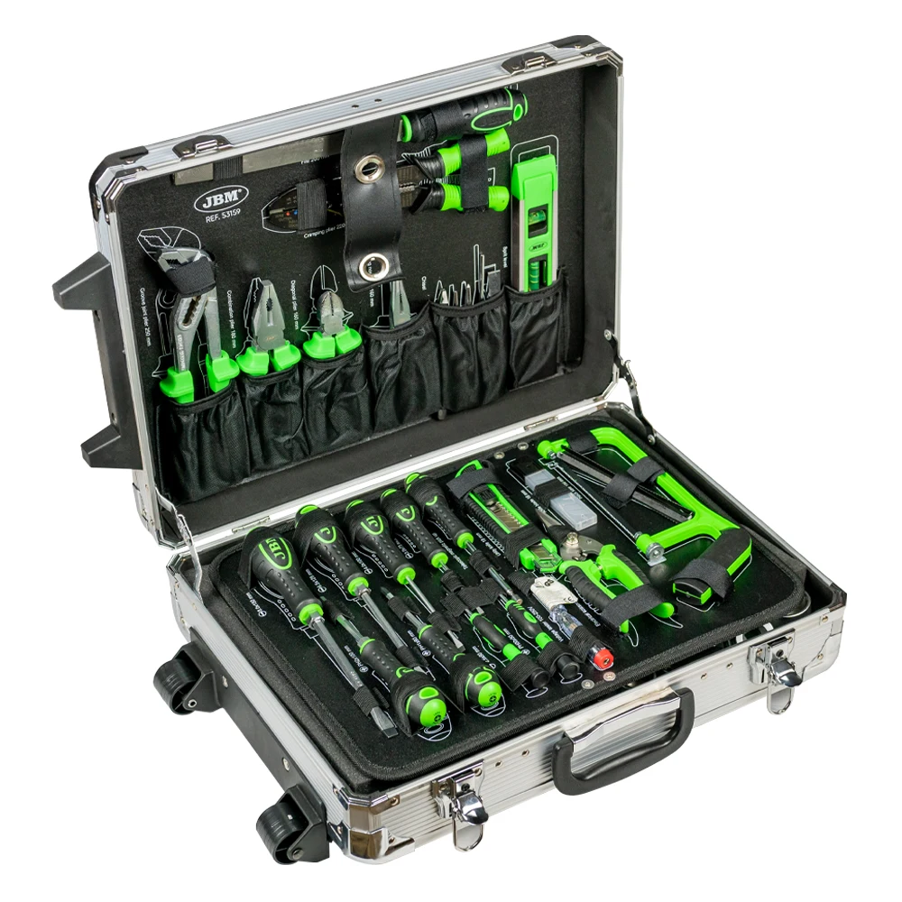 JBM excellent aluminum trolley briefcase with tools, consisting of 159 quality parts with 3 subdivisions, case with reinforced corners and key lock. Includes pliers, screwdrivers, saw, hammer, chiharra flexometer, etc