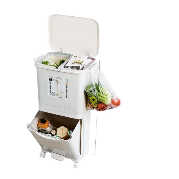 Large Odor-Control Double-Layer Trash Can - Spacious, Plastic, Rectangular, Pedal Operated with Lid, Ideal for Kitchen Waste Sorting and Home Organization, Perfect Recycling Bin.