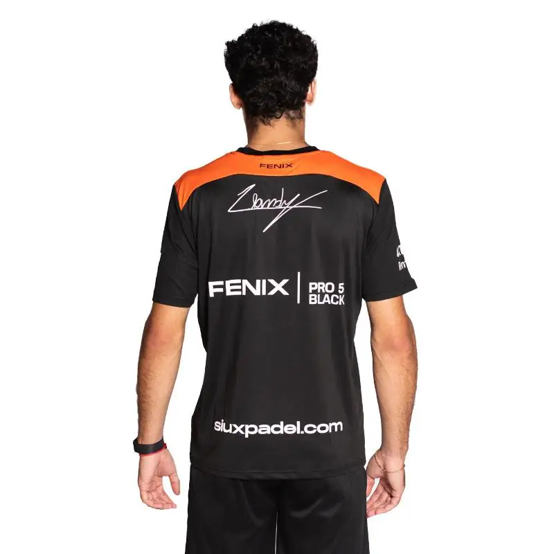 Siux Leo Augsburger Fenix Official T-shirt in Black and Orange, a men's padel t-shirt made from breathable, moisture-wicking fabric with an ergonomic cut for ultimate movement and high durability, designed for passionate padel players. #3