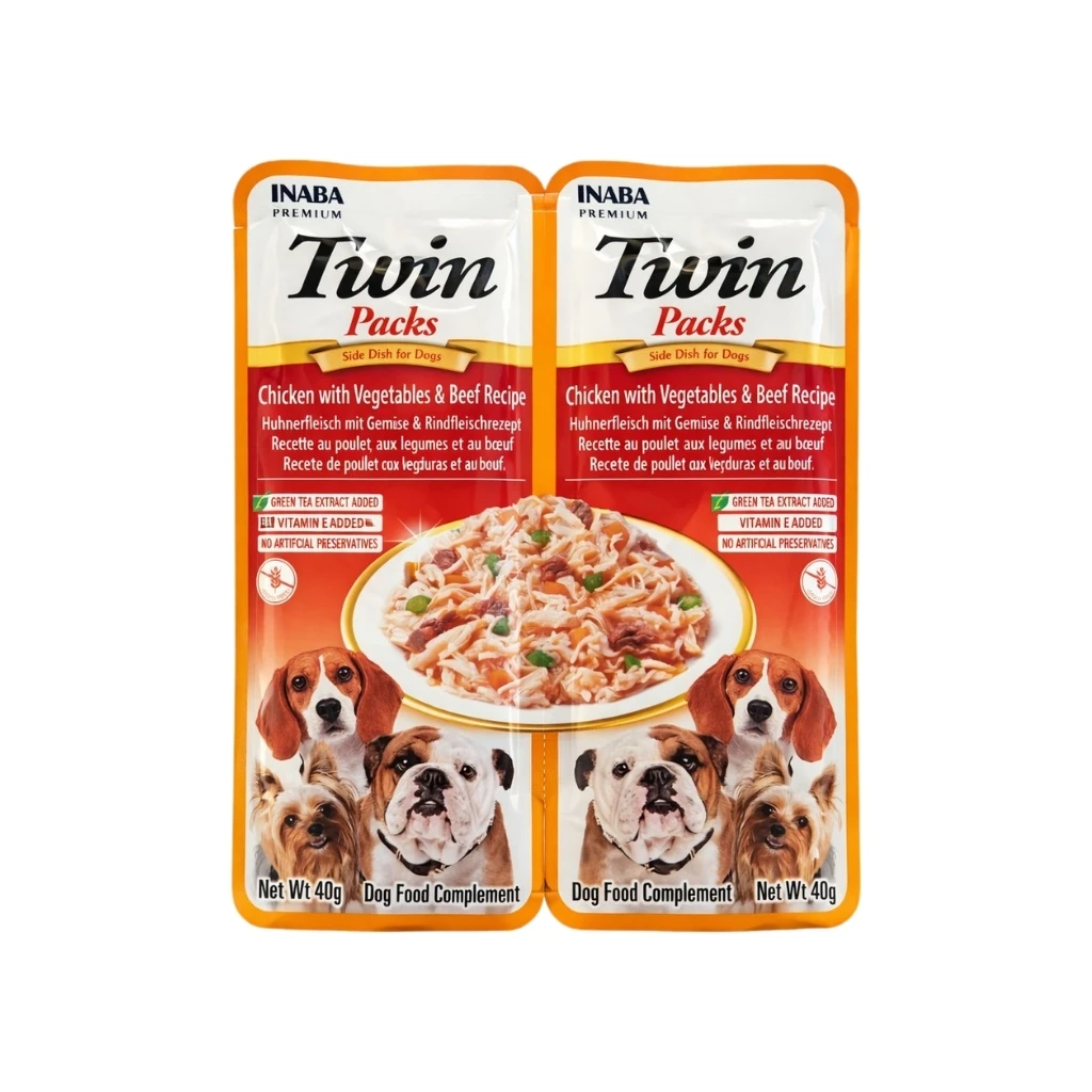 INABA Twin Packs (2x40 gr) - Complemento Húmedo para Perros Sin Cereales Sin Conservantes con Vitamina E (Pollo con Verduras / Pollo con Verduras y Ternera)