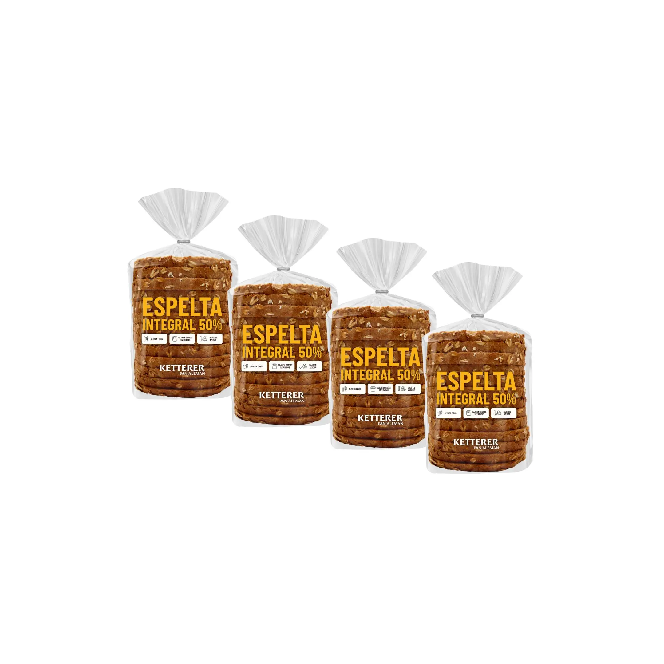 PAN ESPELTA INTEGRAL 50% KETTERER (PACK X 4) - ALTO EN FIBRA, BAJO EN AZUCAR Y BAJO EN GRASAS SATURADAS. 350G X 4