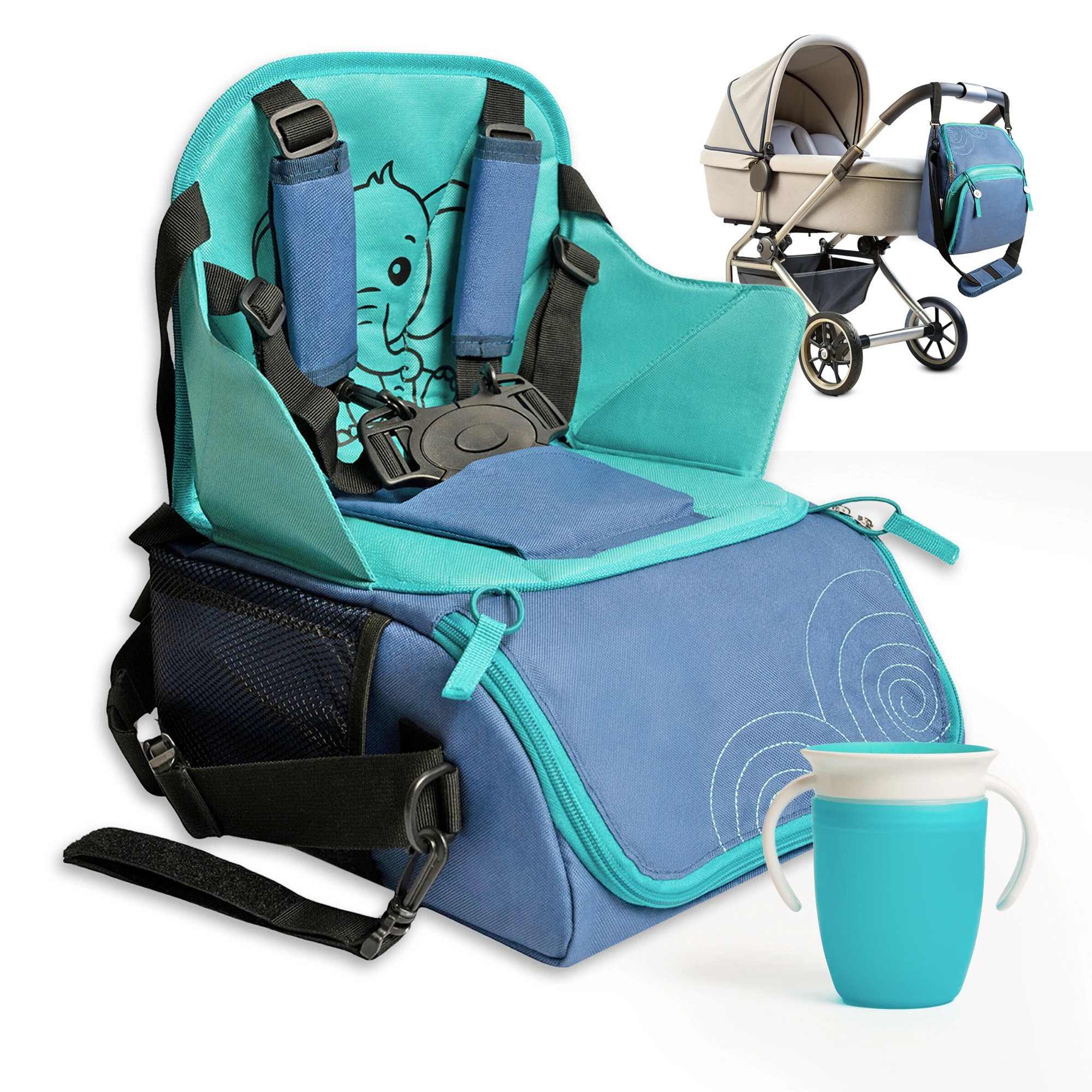 Trona Portátil Bebé 6D20 - Arnés 5 puntos y Vaso Aprendizaje - Alzador Silla Niños 6-36 Meses - Trona Viaje Evolutiva