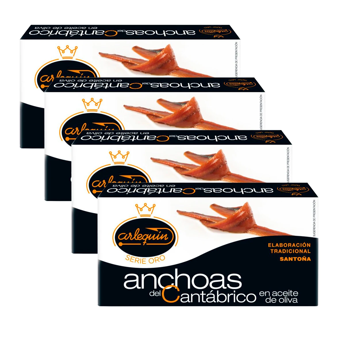 ARLEQUIN Serie Oro Anchoa del Cantábrico, Elaborada en Santoña, en Aceite de Oliva, Pack 4 latas de 50 grs (200 grs)