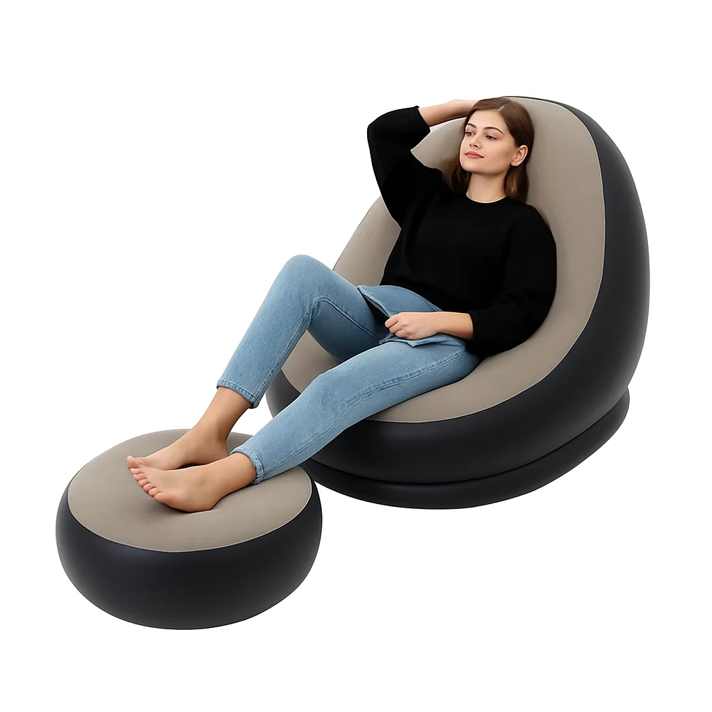 Sillón Hinchable con Reposapiés Incluido – Sofá Inflable Ergonómico para Interior y Exterior, Ideal para Dormitorio, Salón, Camping, Terraza o Jardín – Diseño Moderno y Ultra Cómodo