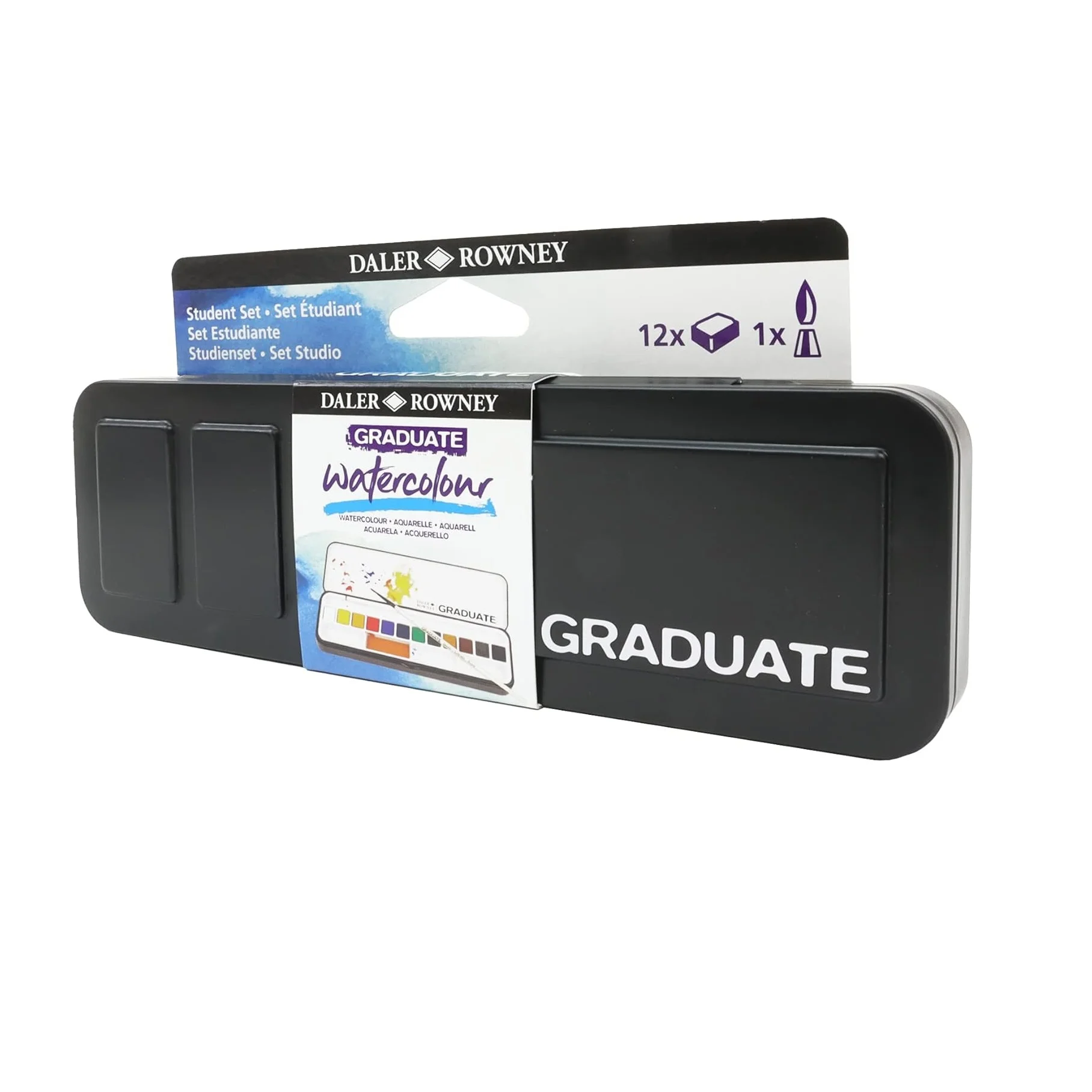 Daler-Rowney Daler Rowney Graduate Acuarelas Media Pastilla 12 Colores Surtidos con Pincel en Estuche de Lata - Ideal para Estudiantes y Aficionados a Acuarela - Gama Asequible de Acuarelas