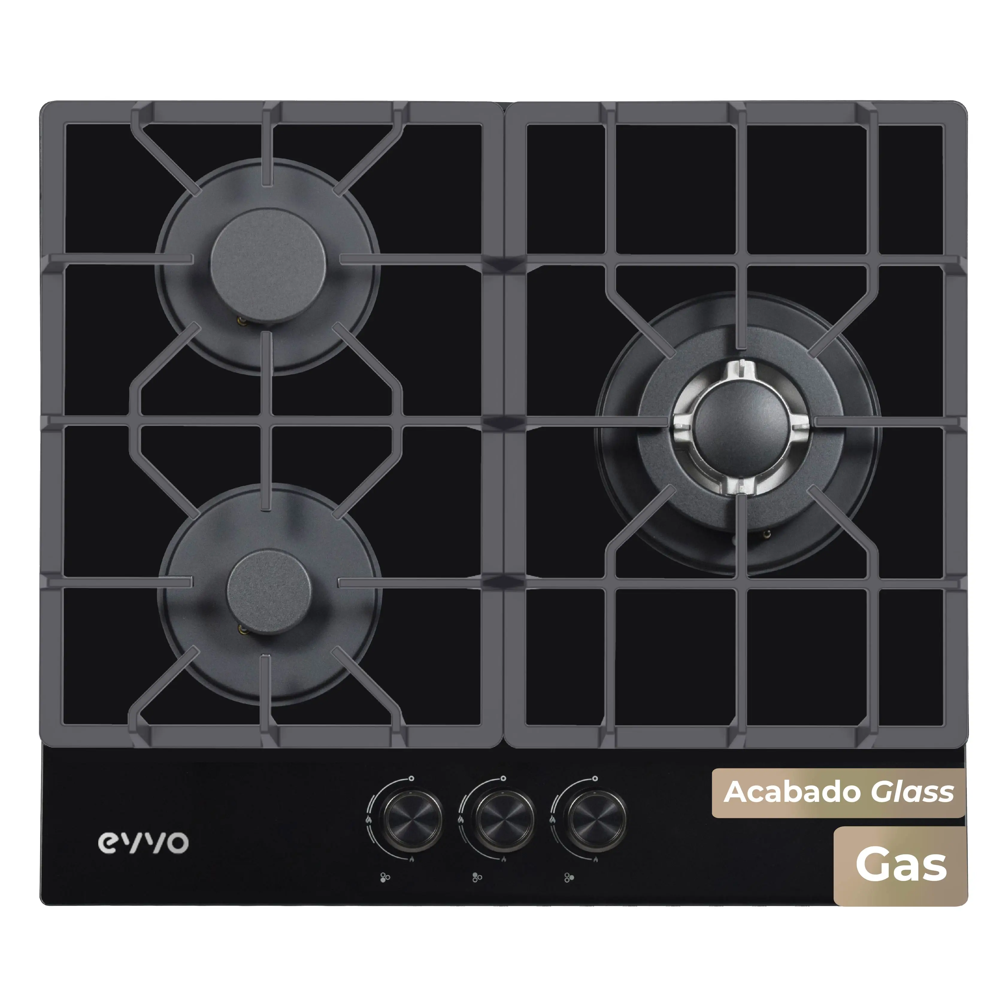 Placa de Gas EVVO V66 Inox — 3 quemadores, acabado acero inoxidable, compatible con Gas Natural y Butano