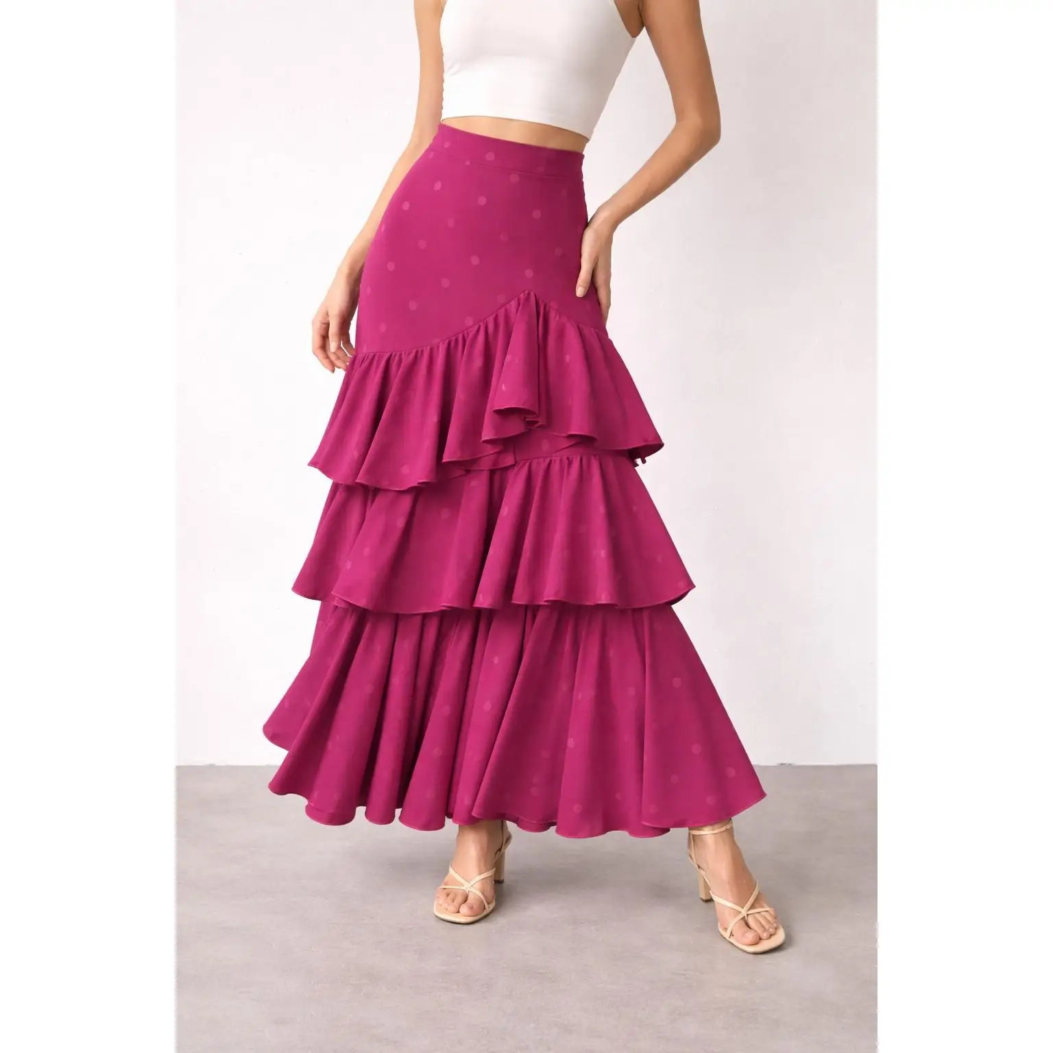 Falda Flamenca Fucsia Mujer con Volantes – Falda Larga Lunares, Estilo Sevillana, Ideal Feria, Baile Flamenco y Eventos