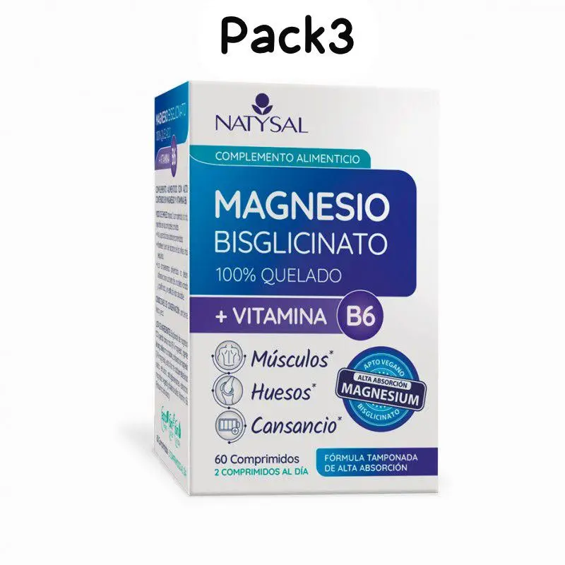 Pack 3 Magnesio Bisglicinato 100% Quelado + B6 de Natysal 60 Comprimidos
