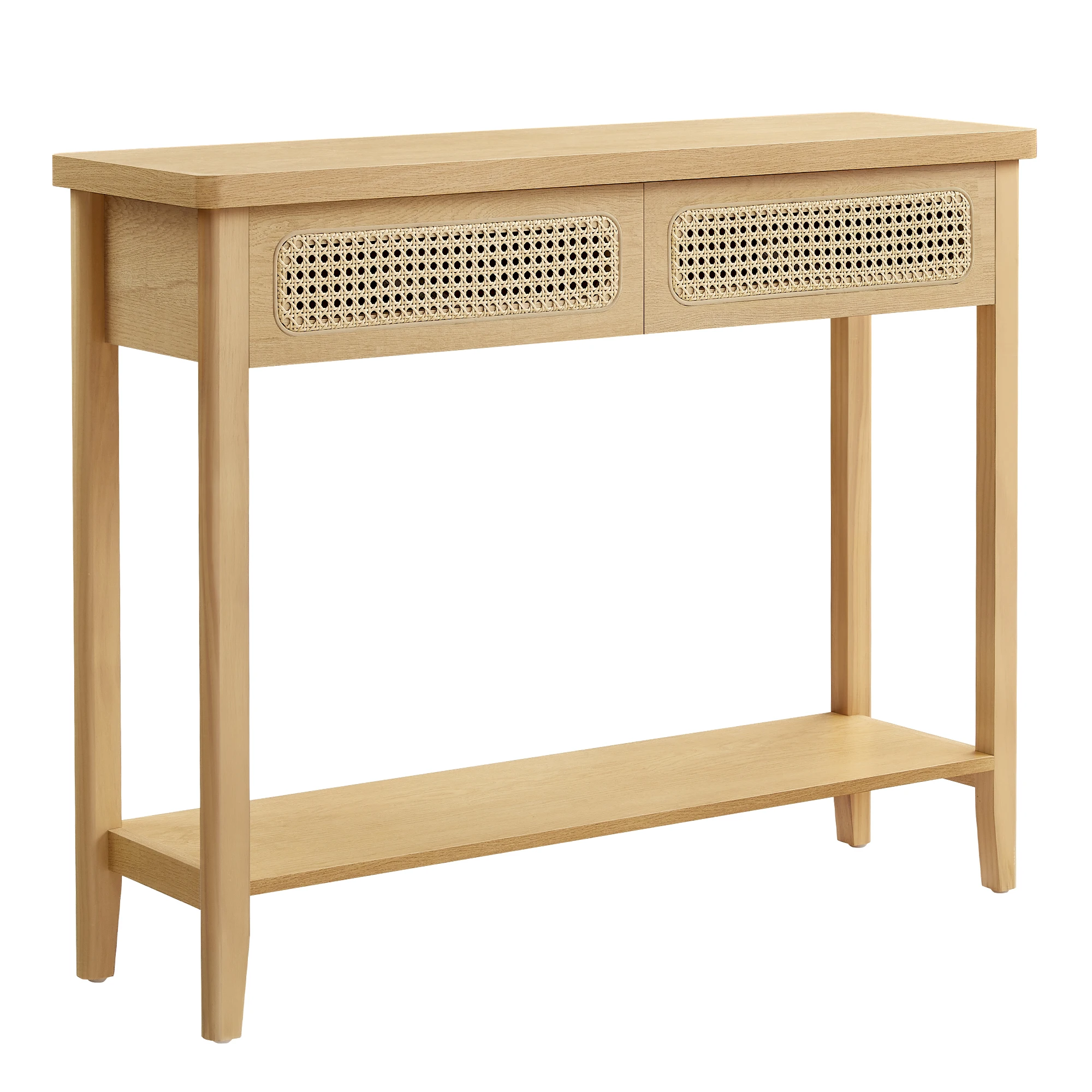 VASAGLE Mesa de Consola para Recibidor, Mesa de Sofá Delgada para Salón, Mesa de Entrada con 2 Cajones, Estante Abierto, Esquinas Redondeadas, Estilo Boho, Beige Roble