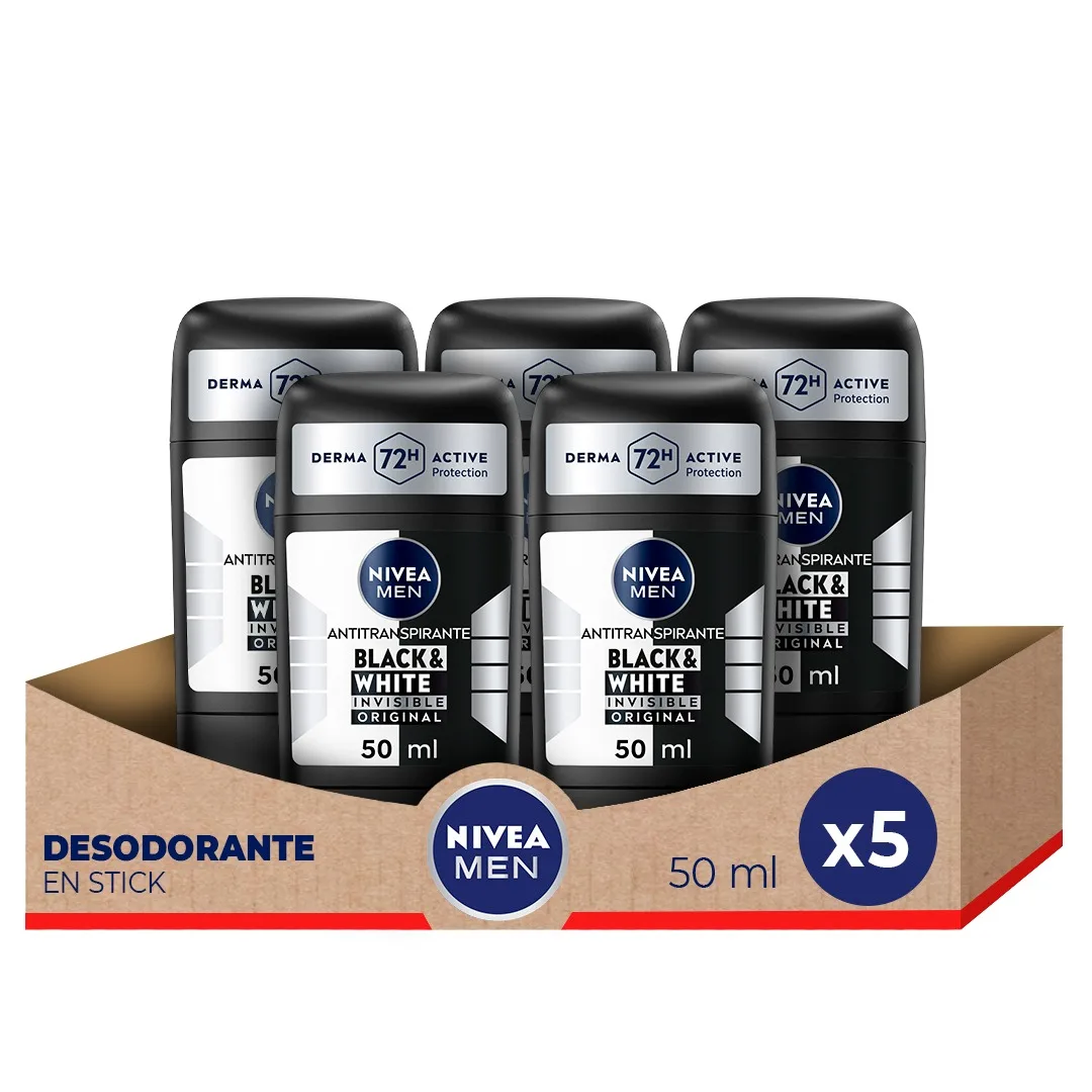 NIVEA MEN Pack ahorro - Desodorante en Stick Black & White Invisible Hombre 50ml x 5 unidades - Protección Antitranspirante 72h