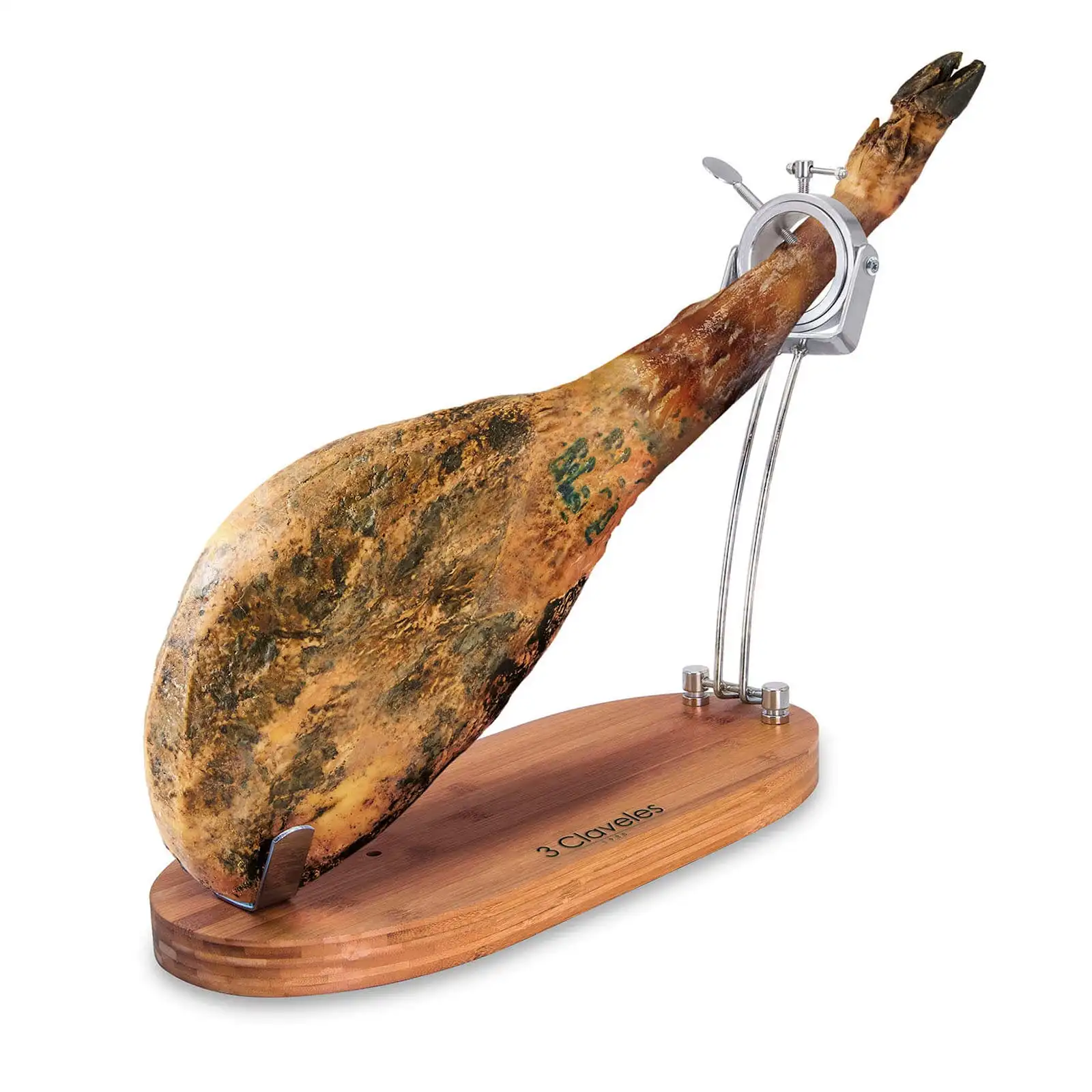 3 Claveles - Soporte Jamonero Plegable en Bambú y Metal con Cabezal Giratorio