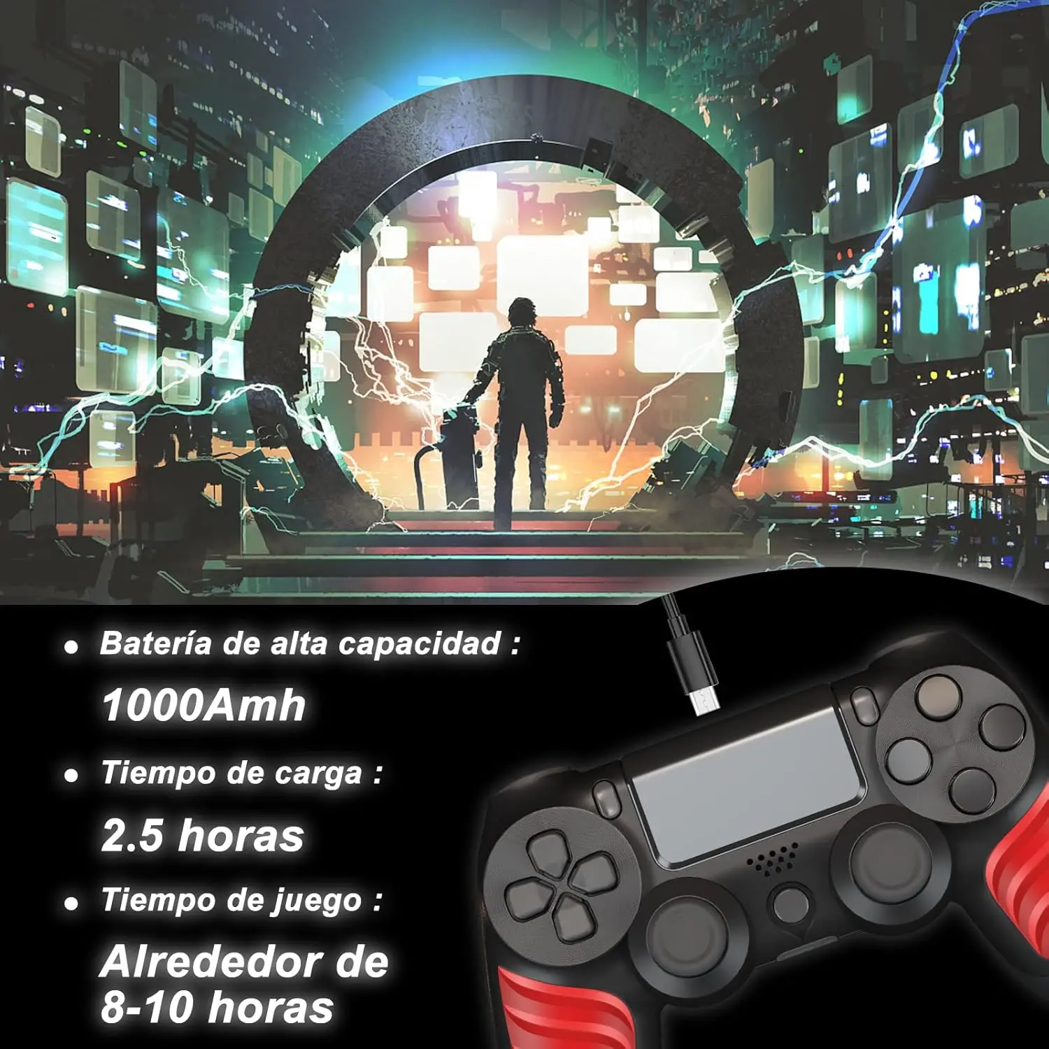 Wireless Controller for PS4, with double vibration, 6-axis motion sensor, and 1000mAh battery for up to 10 hours use; includes USB charging cable and thumb grips for enhanced gameplay experience.