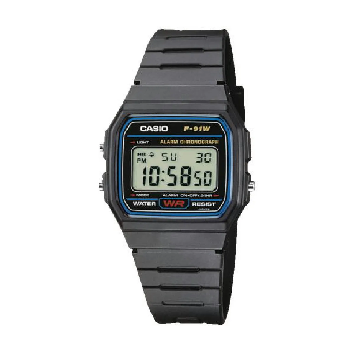 Casio F-91W-1YER Men's Digital Quartz Watch with Resin Band, lightweight and comfortable, featuring a black resin case, 38.2 x 35.2 x 8.5 mm size, ideal for casual and sports wear.