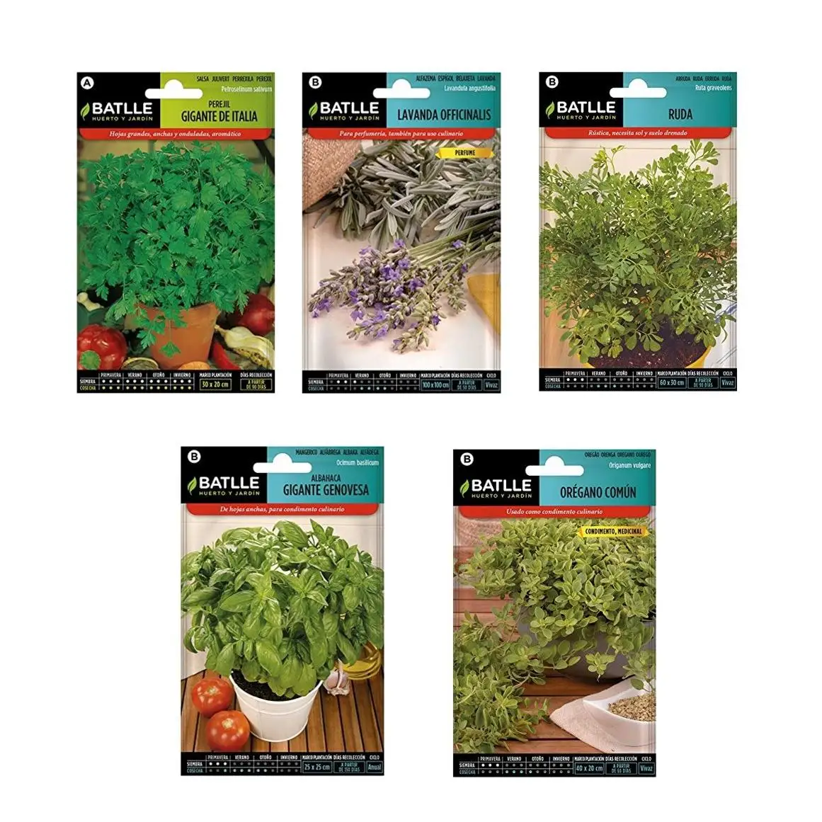 Lote 5 sobres de semillas aromáticas Semillas BATLLE (Lavanda, Orégano, Perejil, Albahaca y Ruda)