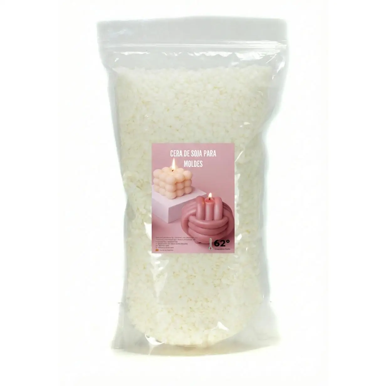 Cera de soja 100% Natural Premium para moldes, figuras, wax melts en bolsa de 1Kg. Perlas de alto punto de fusión y desmolde fácil, sin olor para DIY. Compatible con colorantes y fragancias.