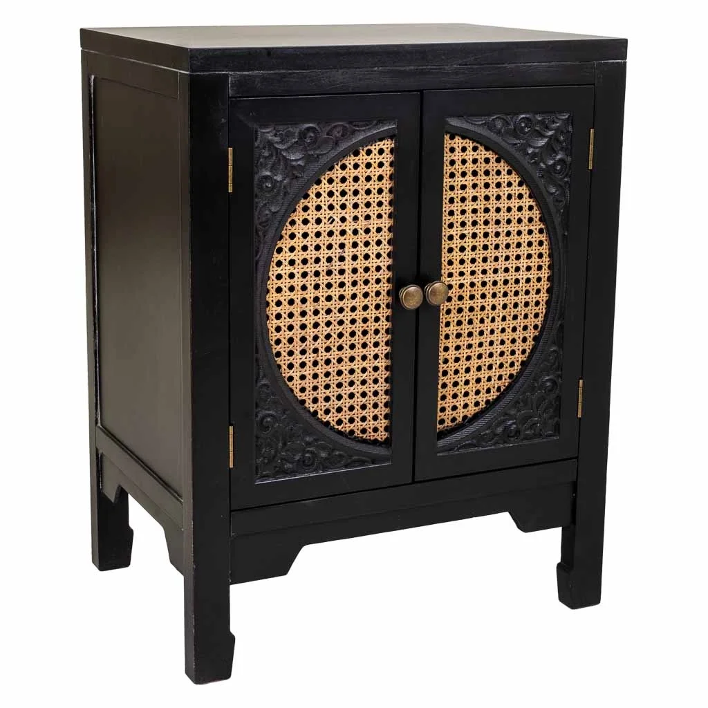 WANDERLUST DECO Mesita de Madera Negra con Almacenaje Interior y Rattan Natural 50x36x65h Cm