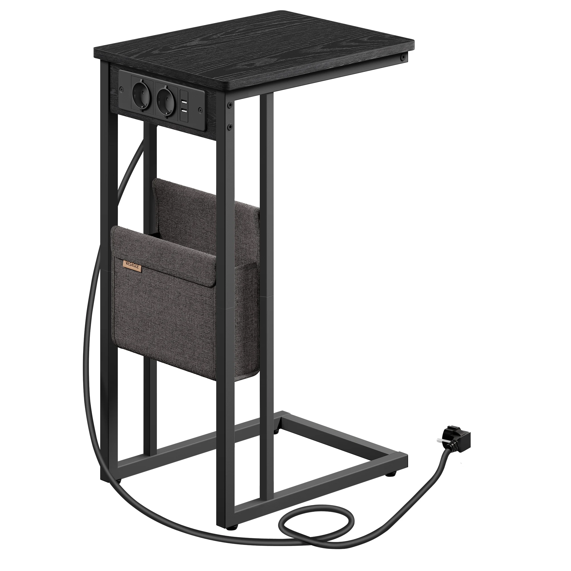 VASAGLE Mesa Auxiliar, Mesita de Noche con Estación de Carga, en Forma de C, para Espacios Pequeños, 2 Puertos USB y Enchufes, Bolsa, pies Ajustables, para Dormitorio, Salón, Negro Tinta/Blanco Crema