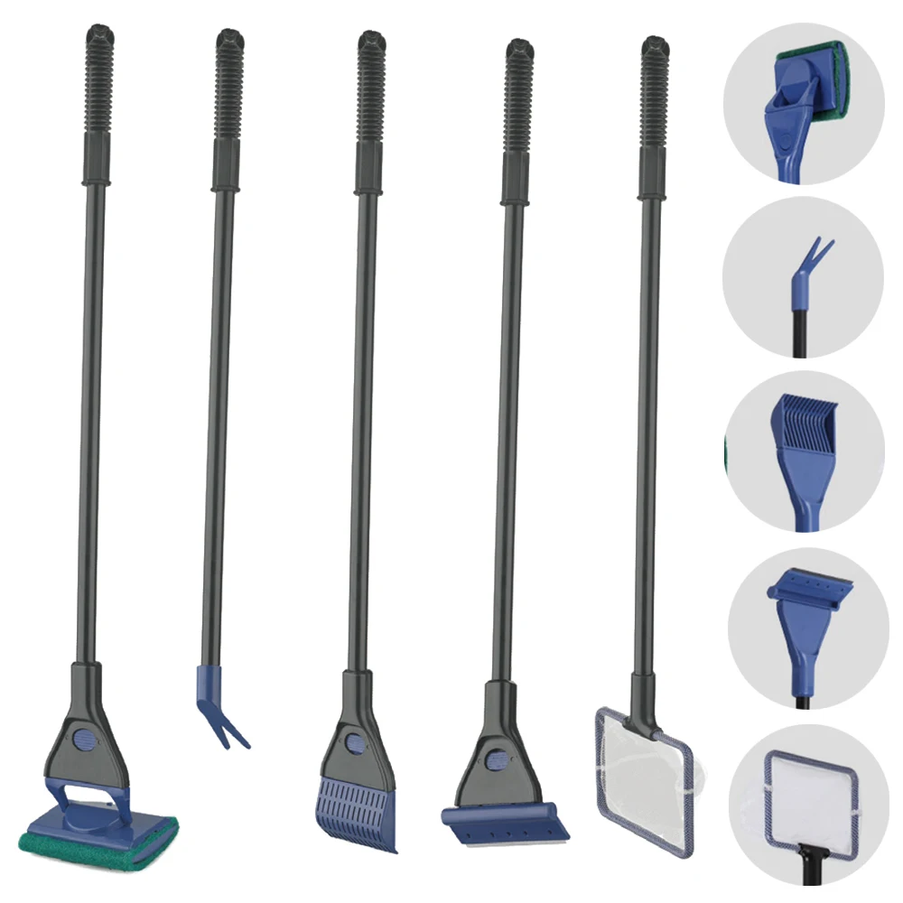 Kit de Limpieza para Acuarios 5 en 1 – Herramientas con Mango Largo 60cm, Red para Peces, Rastrillo de Grava, Rascador de Algas, Esponja y Tenedor para Plantas BPS-6967