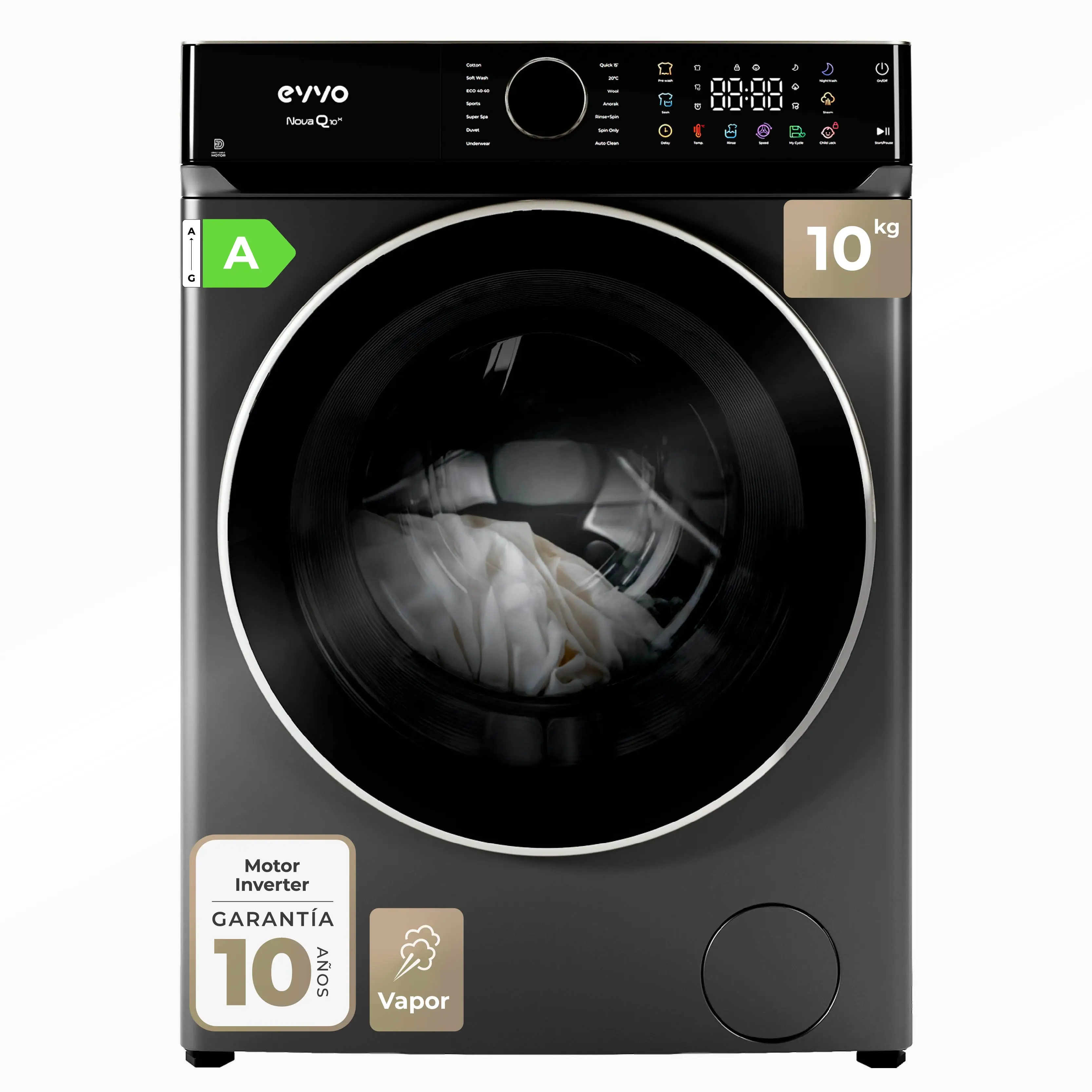 EVVO Lavadora de Carga Frontal 10 kg Nova Q, 1400 rpm, Motor Inverter, Steam Wash, Smart Load, 14 Programas,Blanco/Inoxidable