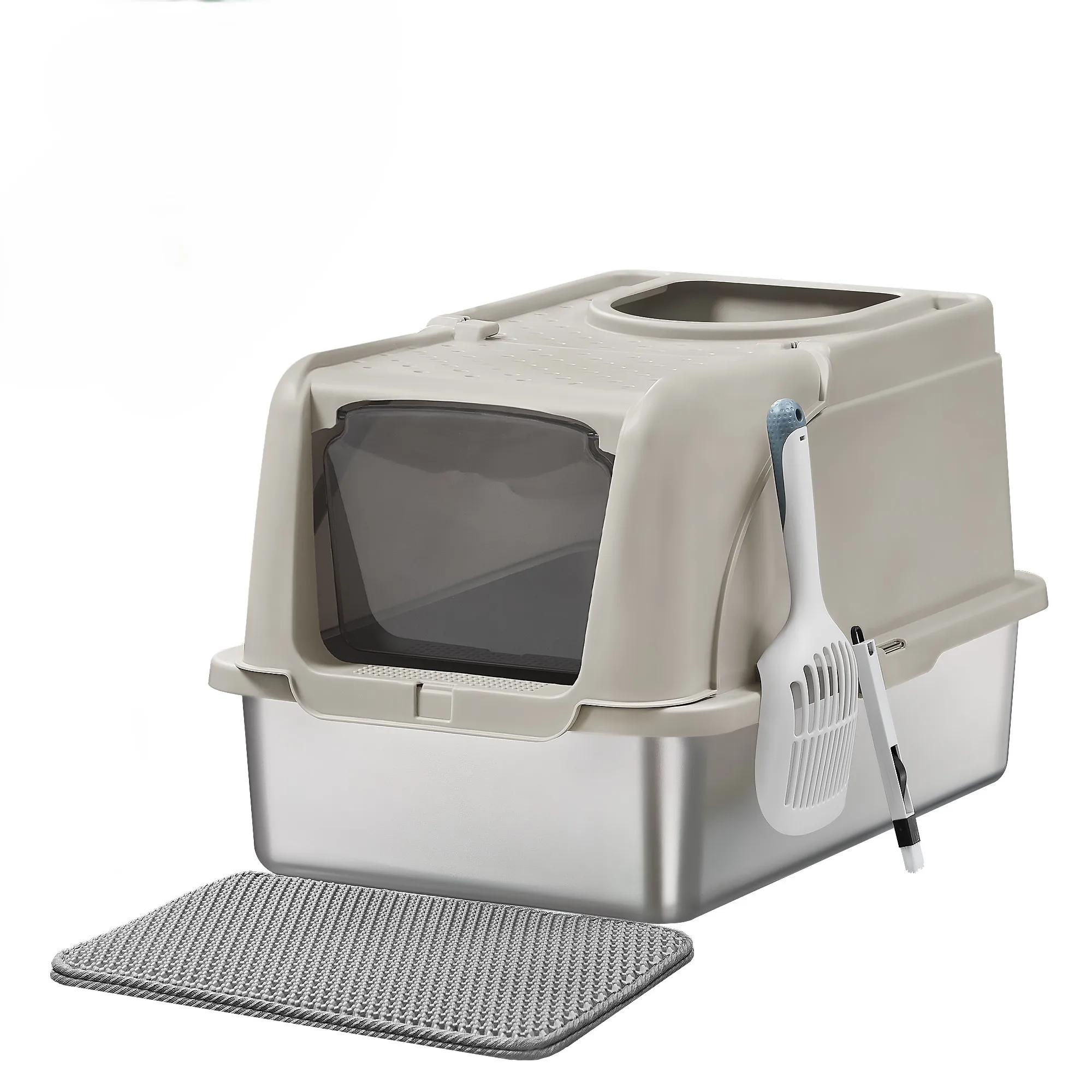 Feandrea Lettiera per Gatti in Acciaio Inox con Coperchio Ribaltabile, Lettiera XL, Antigoccia, Paletta, Spazzola, Doppio Ingresso, Capacità 15 kg, da Appoggio, Grigio Tortora/Beige Cappuccino/Nero