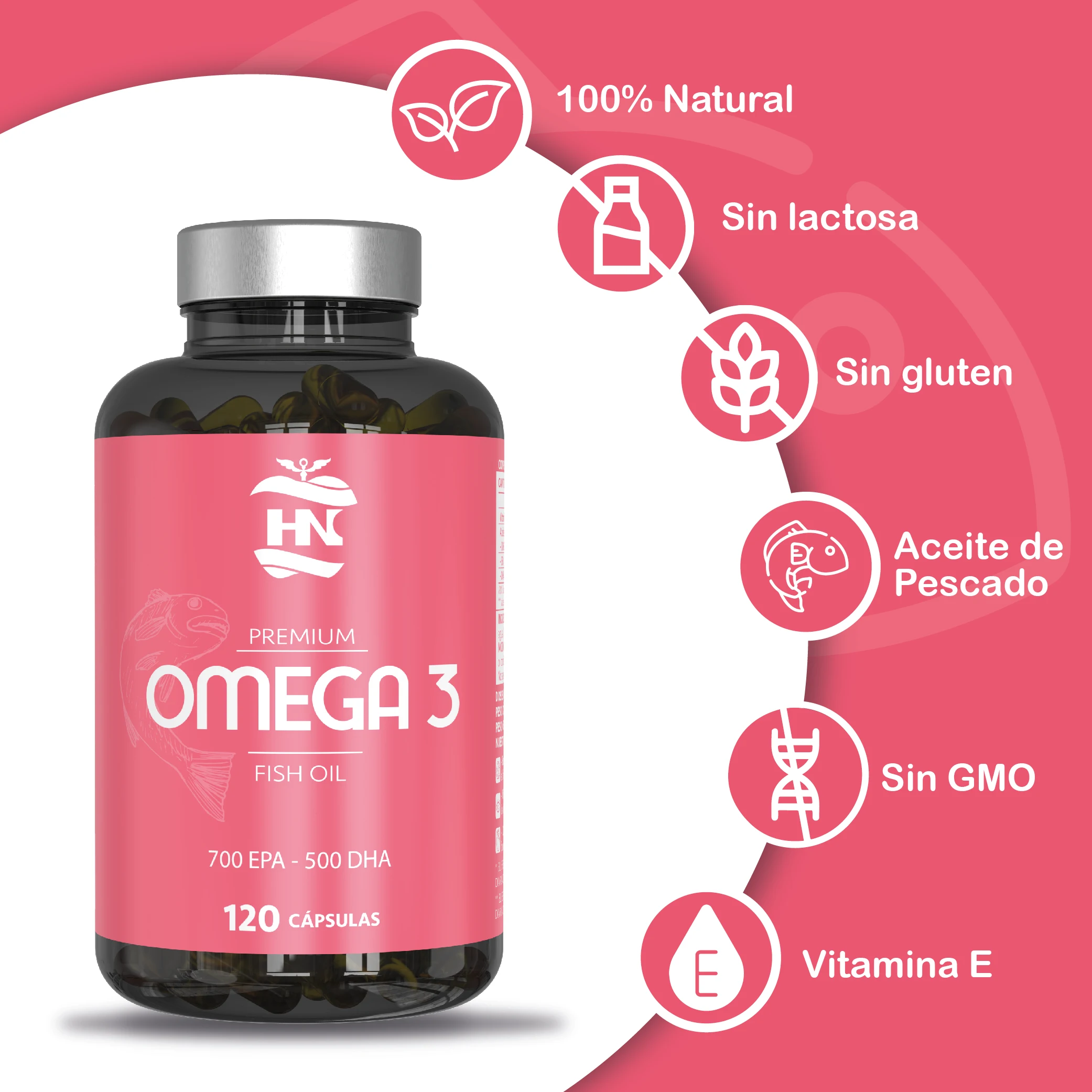 Hn - healthy nutrition - omega 3 & marine collagen pack - omega 3 capsules 2000 mg based on omega3 fish oil - 120 soft pearls of omega 3 fatty acids 700 mg epa - 500 mg dha - pure hydrolyzed marine collagen with hyaluronic acid and vitamin c. #2