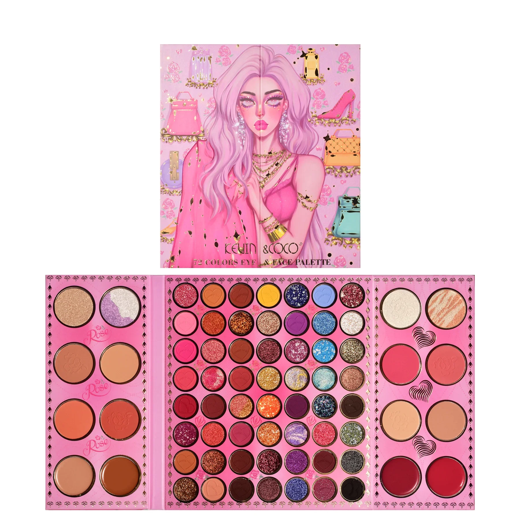 Eyeshadow Palette 72 Colors by Kevin&Coco, Illuminaldore and Blush, Powder and Cream Contour Makeup, Fashion Nova Girl Palette