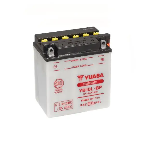 Batería Moto YUASA YB10L-BP 12V 12.6Ah 165A(EN) Gama YuMicron® Medidas: Longitud	135 mm Anchura	90 mm Altura	145 mm