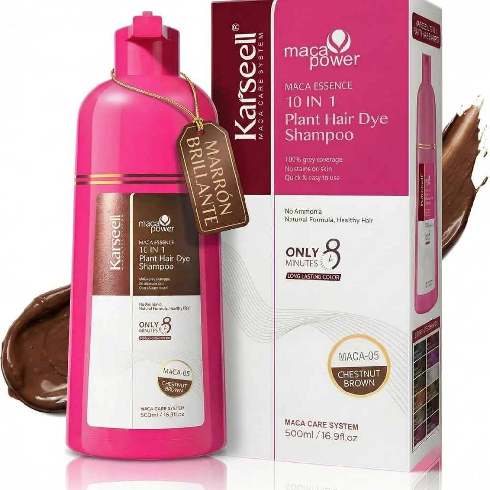 KARSEELL Champú Tinte Cabello Castaño Natural ( Chestnut Brown ) 10 en 1 Cubre Canas Tinte Instantáneo Champú Pelo Color Cabello Sin Parabenos Sin Siliconas Sin Amoniaco Hombres y Mujeres 500ml.