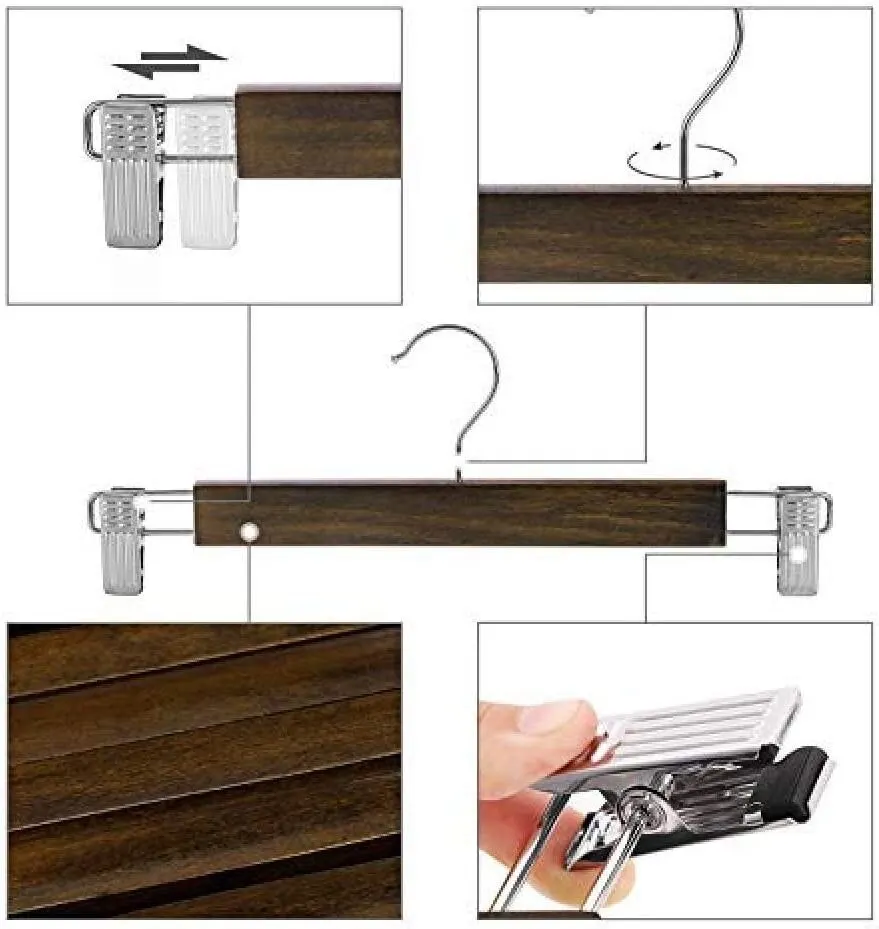 Wooden Clothes Hanger with Clips - 31cm Length, 1.2cm Thick, 360° Rotating Hook, Non-Slip Rubber Padding, Suitable for Pants, Shorts, Skirts, and Undergarments, High-Quality Metal and Wood Construction, Set of 10