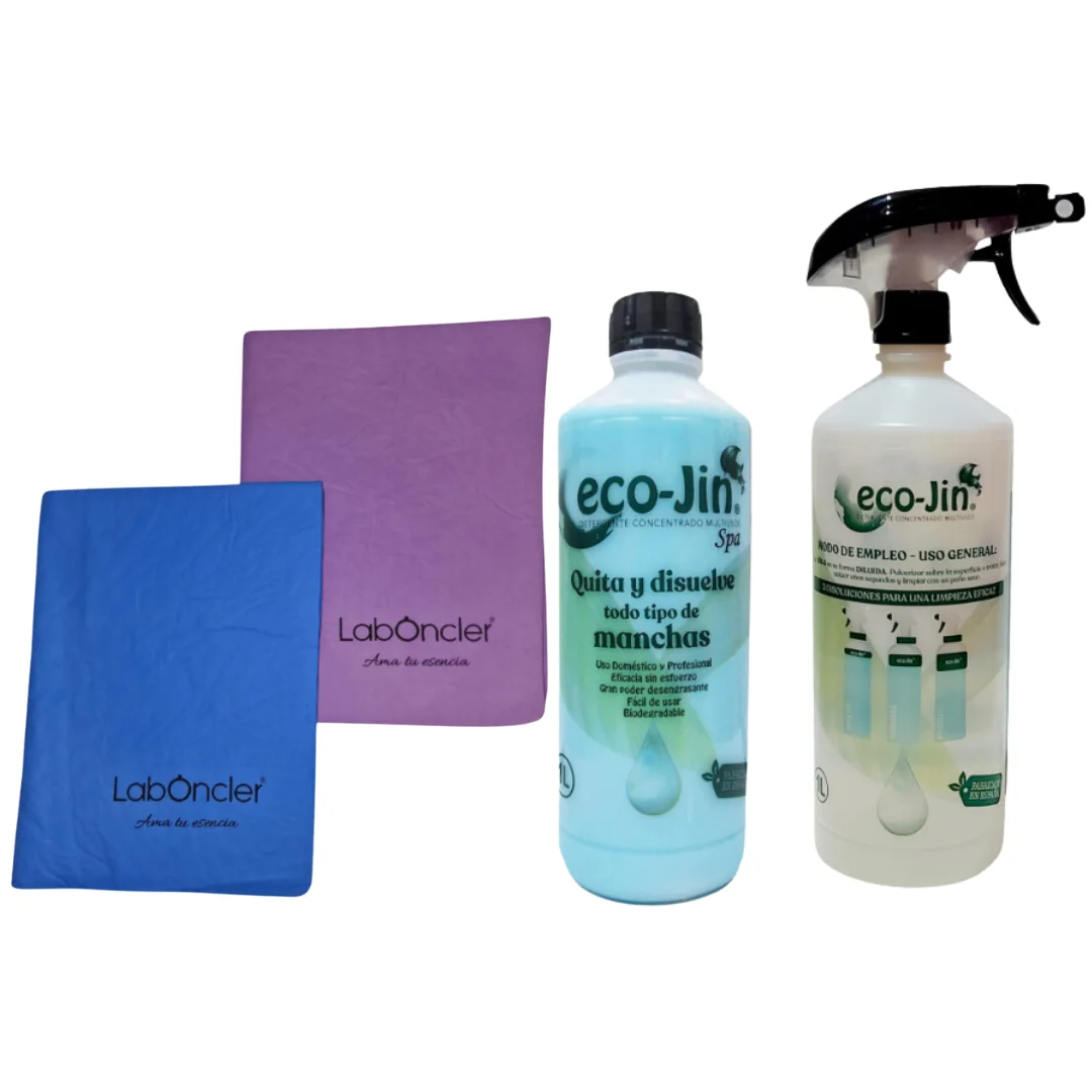 Ecojin + Diffuser + 2 Vpa Splass Clothes. Your Eco Jin with the Best Splas Vpa Cloths from Laboncler. The Best Cloths on the Market. Multipurpose Cleaner, Degreaser, Stain Remover. For All Surfaces. Cleaner with Ecojin