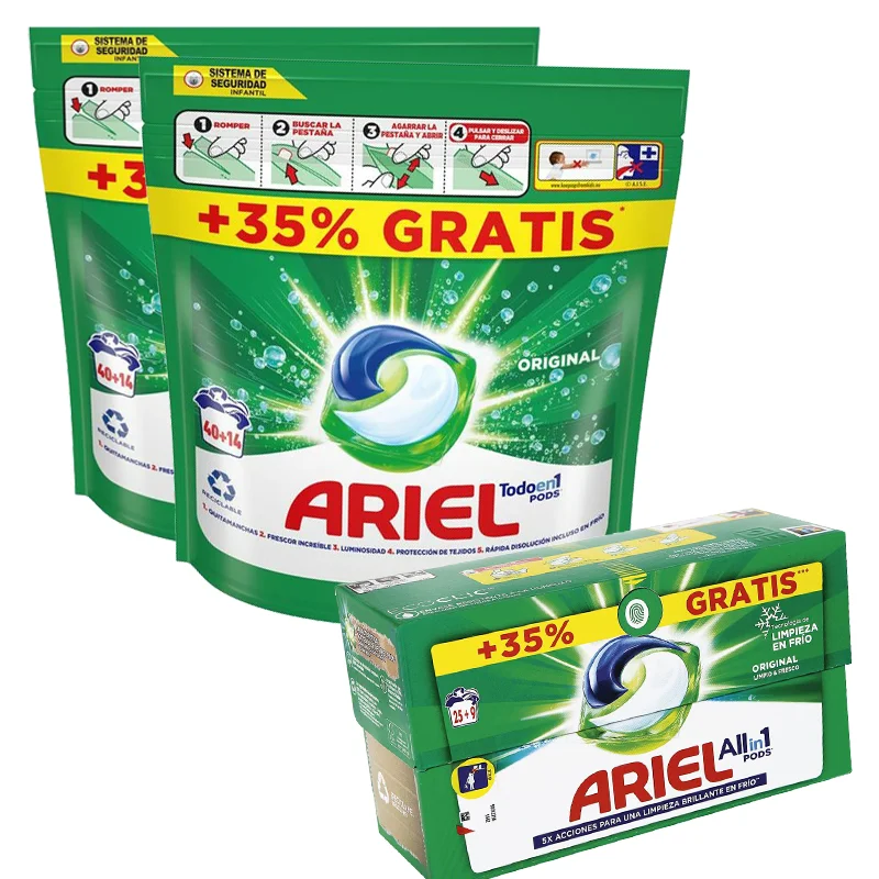 Ariel Original Todo En Uno PODS, 142 Lavados (54+54+34): Jabón Con 5 Acciones Para Una Limpieza Más Brillante, Eficaz En Frío, Frescor Mejorado