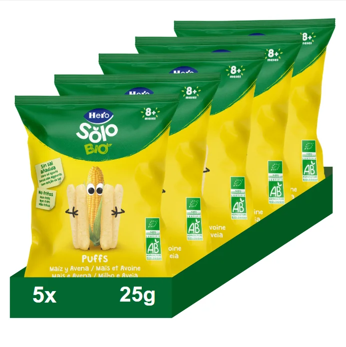 Hero Solo Bio Pack Snacks de Maíz y Avena. Para Bebés de a Partir de 8 meses. Pack 5x25gr
