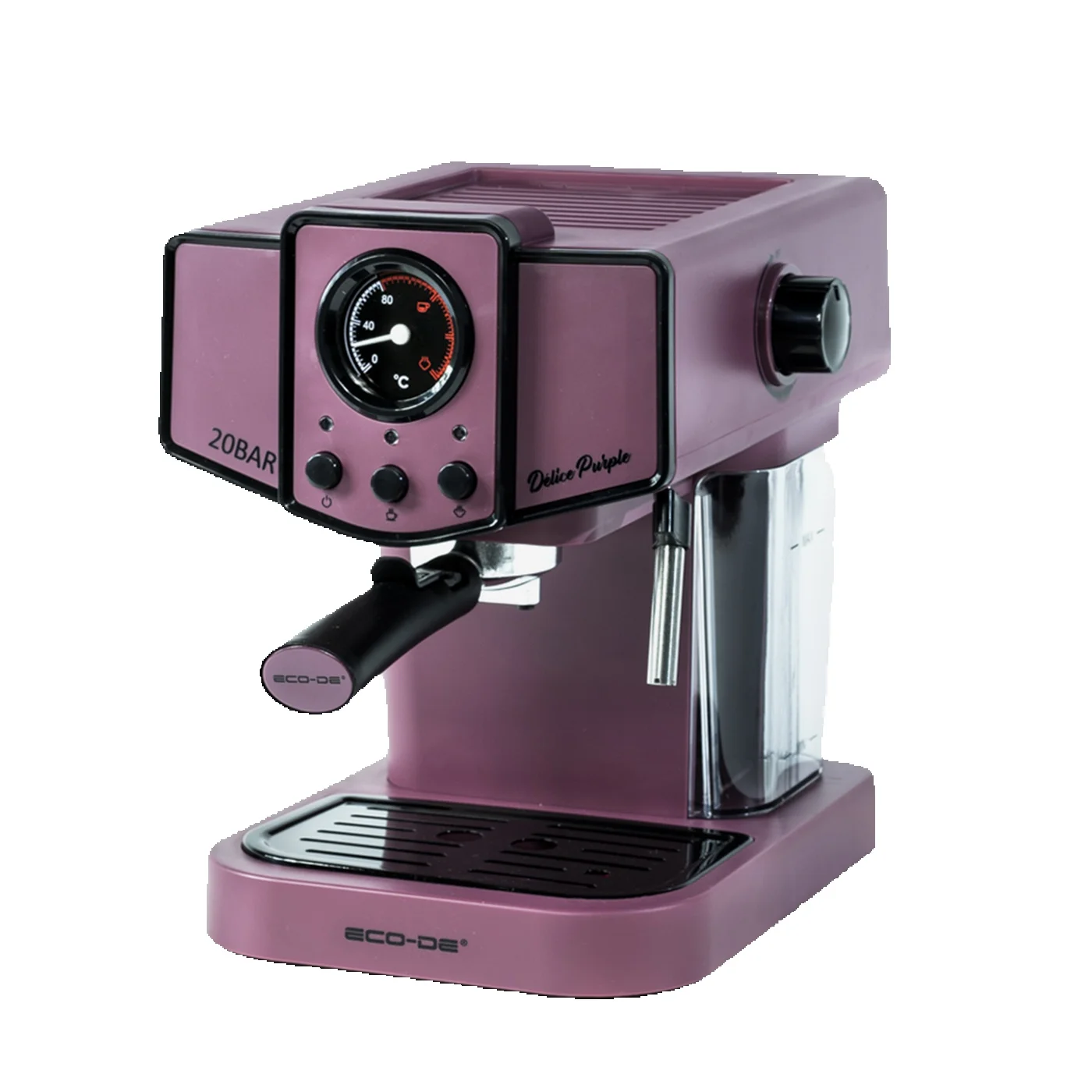 ECODE® Cafetera Express con 20 Bares de Presión y 1050 W, Vaporizador, Deposito de 1.5L, Calientatazas, Termometro, Brazo Doble Salida, Dosificador con Prensador, Mono/Doble dosis - Delice Purple