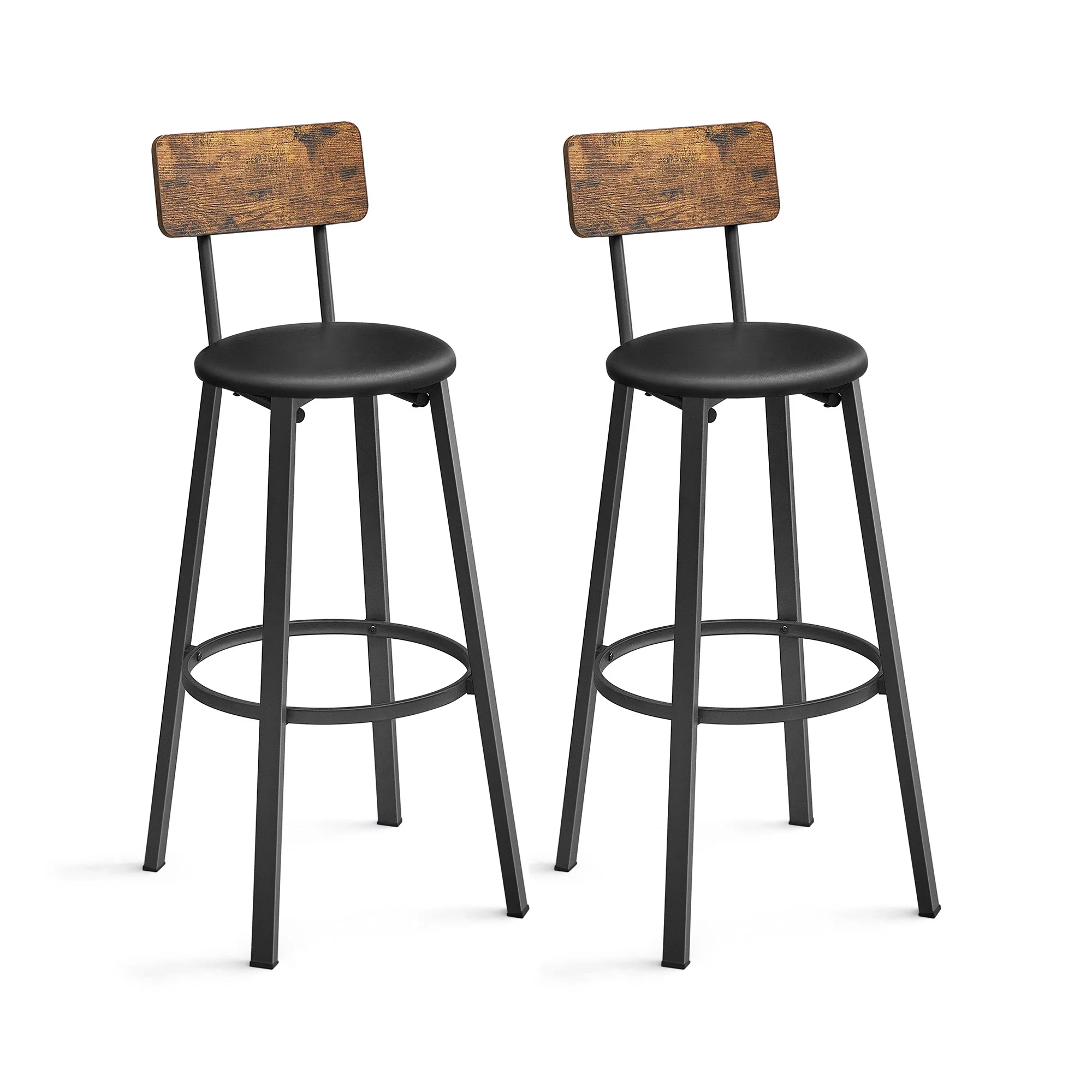 VASAGLE Bar Stools Set of 2, Rustic Brown and Black, PU Upholstered, High Stool with Footrest, Easy Assembly, Industrial Style, 75.5 cm Height, Ideal for Kitchen and Dining Spaces, Comfortable and Versatile.