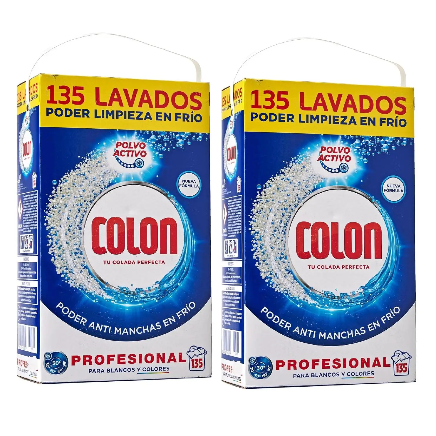 Colon Detergente en Polvo Pack2 135+135 Lavados - Alta Eficiencia, Elimina Manchas en Frío, Cuidado del Color