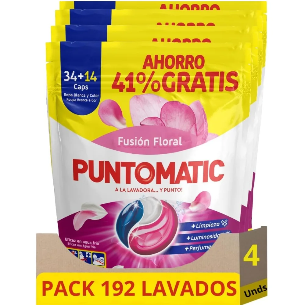 PUNTOMATIC 34+14 Cápsulas Tricámara Floral (Pack Ahorro 4x48 / 192 Lavados) - Detergente Lavadora Para Ropa Blanca y De Color, Quitamanchas, Perfume duradero - A la lavadora y punto