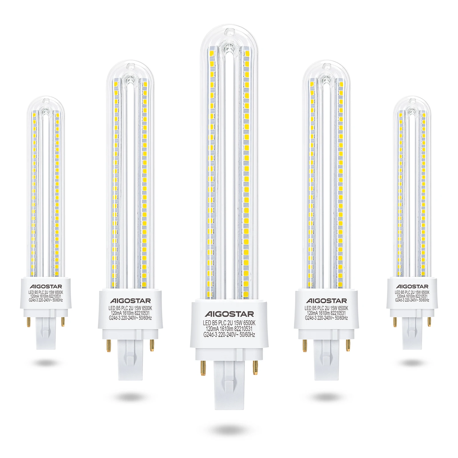 Aigostar Pack de 5 Bombillas LED PLC 2U, tubo de 11W/12W/15W, Maiz G24d-3, 2 Pines, Luz fría 6500K, No regulable
