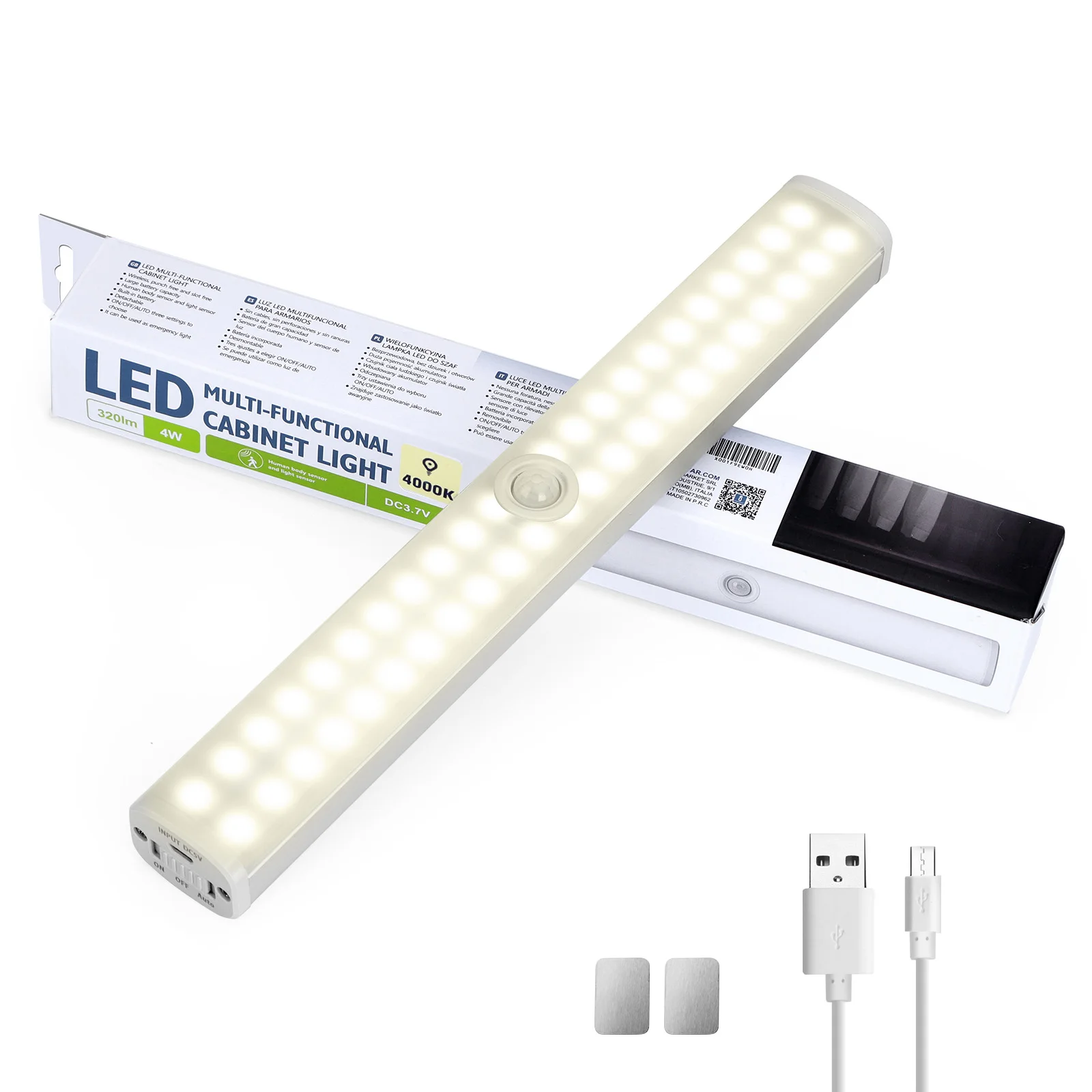 Aigostar Luz Armario con Sensor de Movimiento Recargable Luces LED Cocina Bajo Mueble 3000mAh Luz Nocturna Escaleras Pasillo Iluminación Automatica Lámpara 4000K Blanca Calida